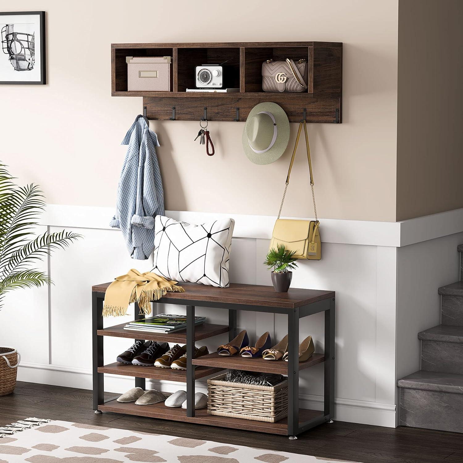 Tribesigns Coat Rack Shoe Bench Set Hall Tree with Shoe Bench Industrial Shoe Rack Bench with Coat Rack 3 Storage