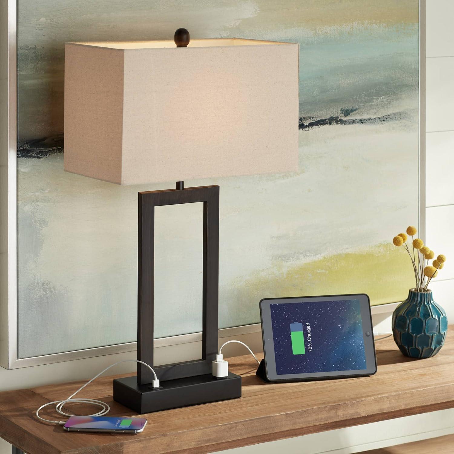 360 Lighting Todd Modern Table Lamp 30" Tall Bronze Rectangular with USB and AC Power Outlet in Base Oatmeal Fabric Shade for Living Room Office House