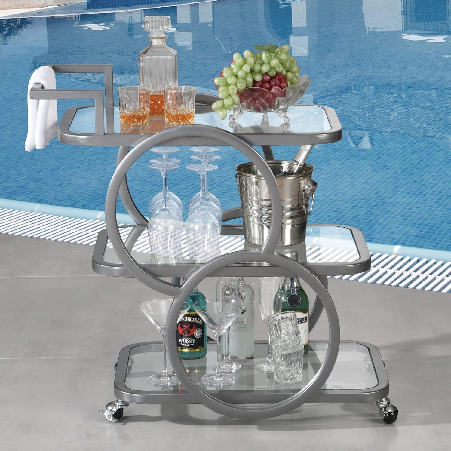 Silver Chrome 3-Tier Glass Bar Cart with Storage