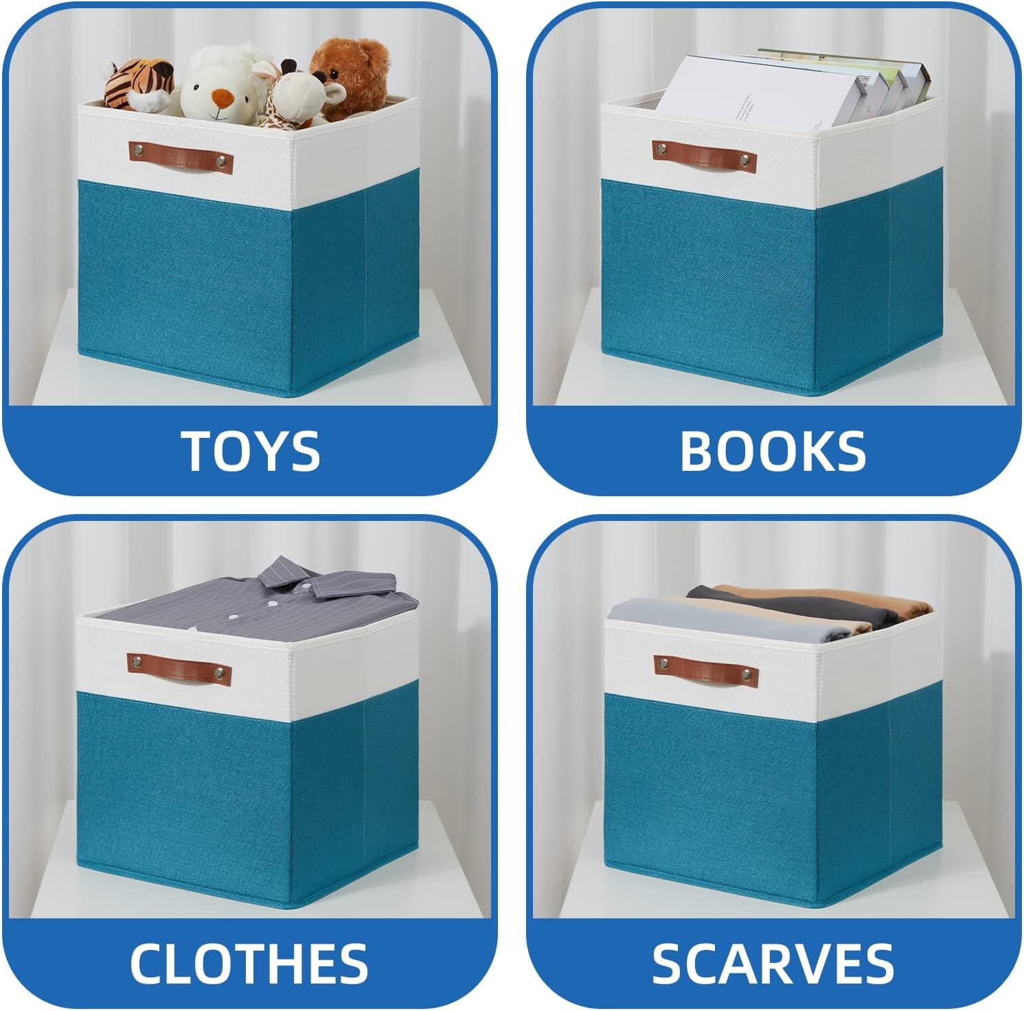 Tegance 13x13 Storage Cubes Baskets 4 Pack Fabric Cube Storage Bins Large Storage Baskets with Leather Handles,Decorative Storage Boxes for Organizing Shelves(WhiteGreen)