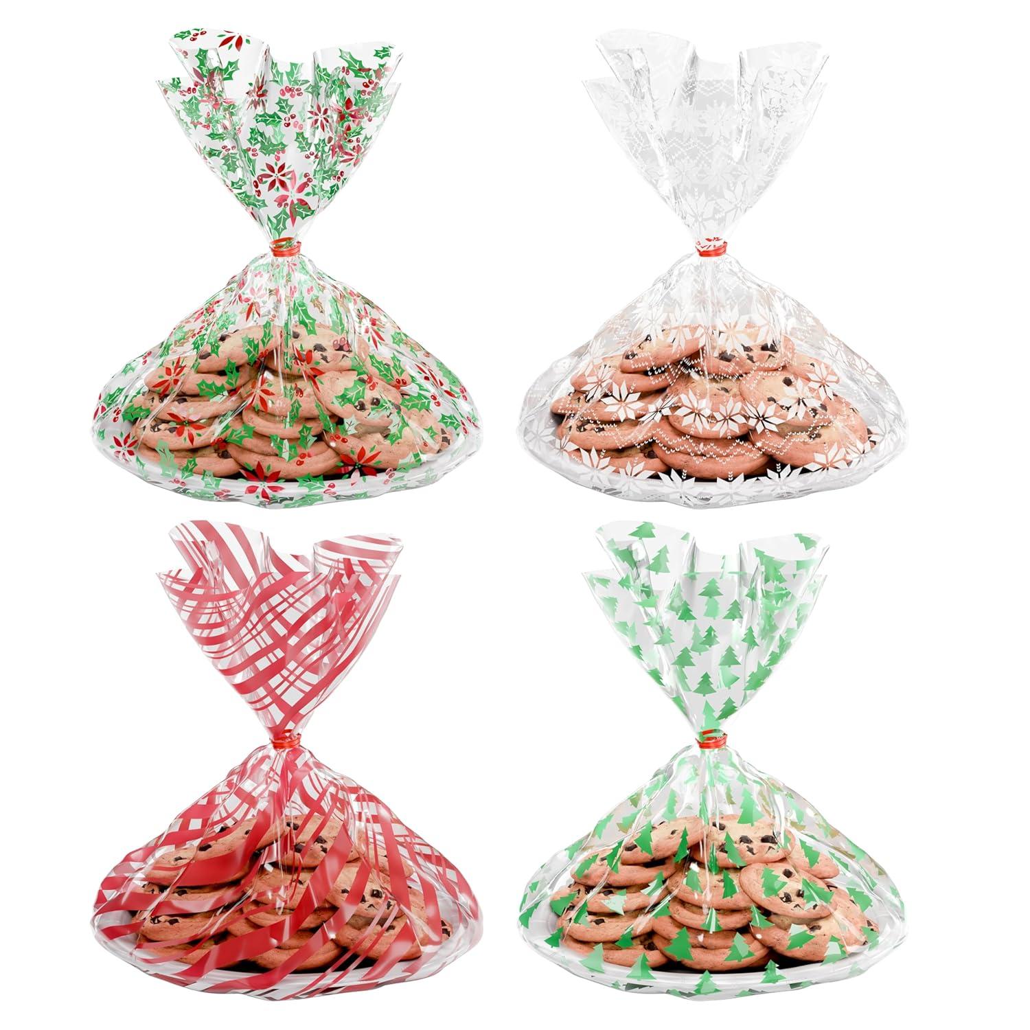 American Greetings Christmas Cellophane Cookie Tray Bags with Twist-Ties, Holiday Patterns (12-Count)