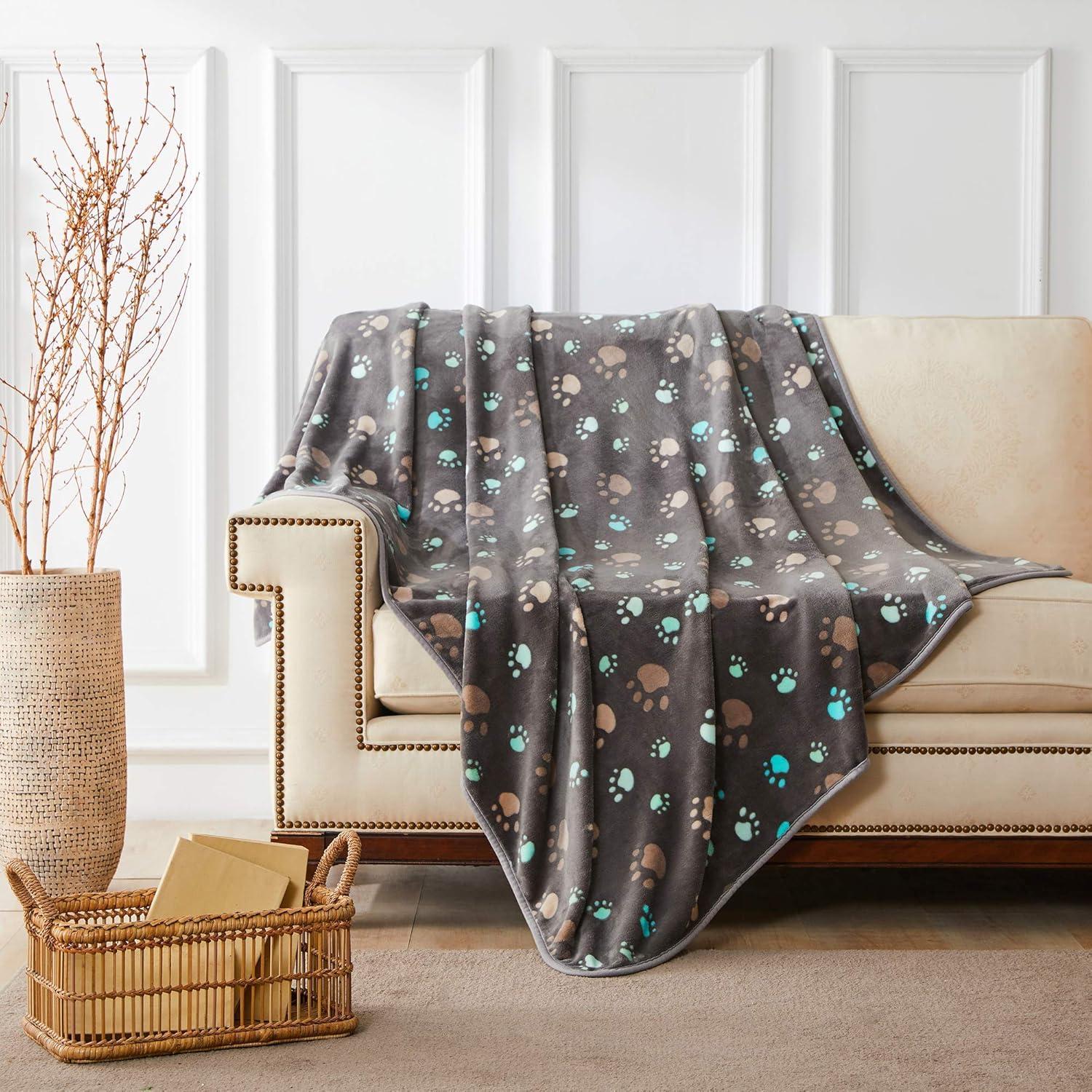 Gray Reversible Fleece Pet Blanket with Paw Prints