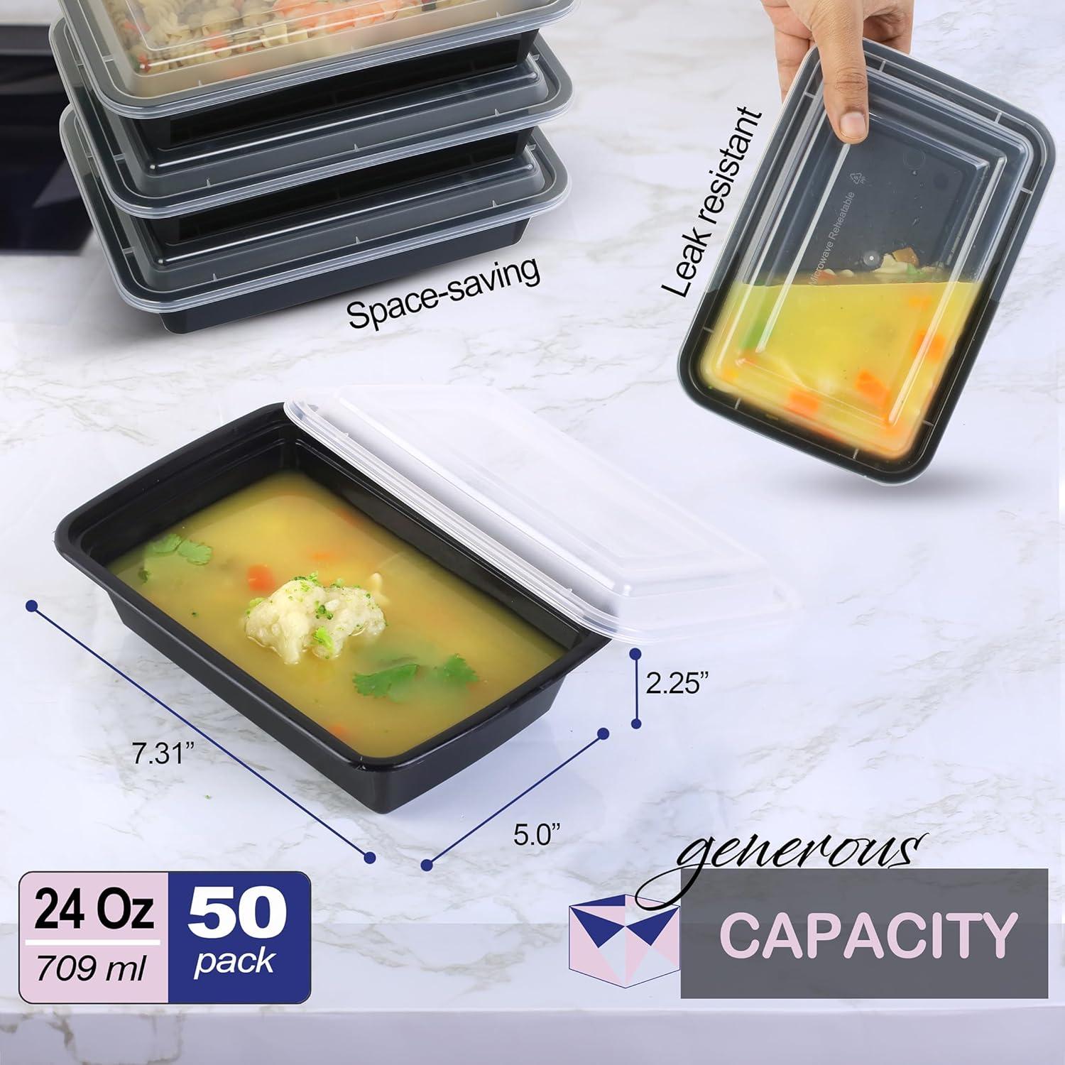 50 Pack Meal Prep Containers Reusable: 24 oz Food Prep Containers with Lids Leakproof, Food Storage Containers Stackable To Go Food Containers, Take Out Containers Microwave Freezer Dishwasher Safe