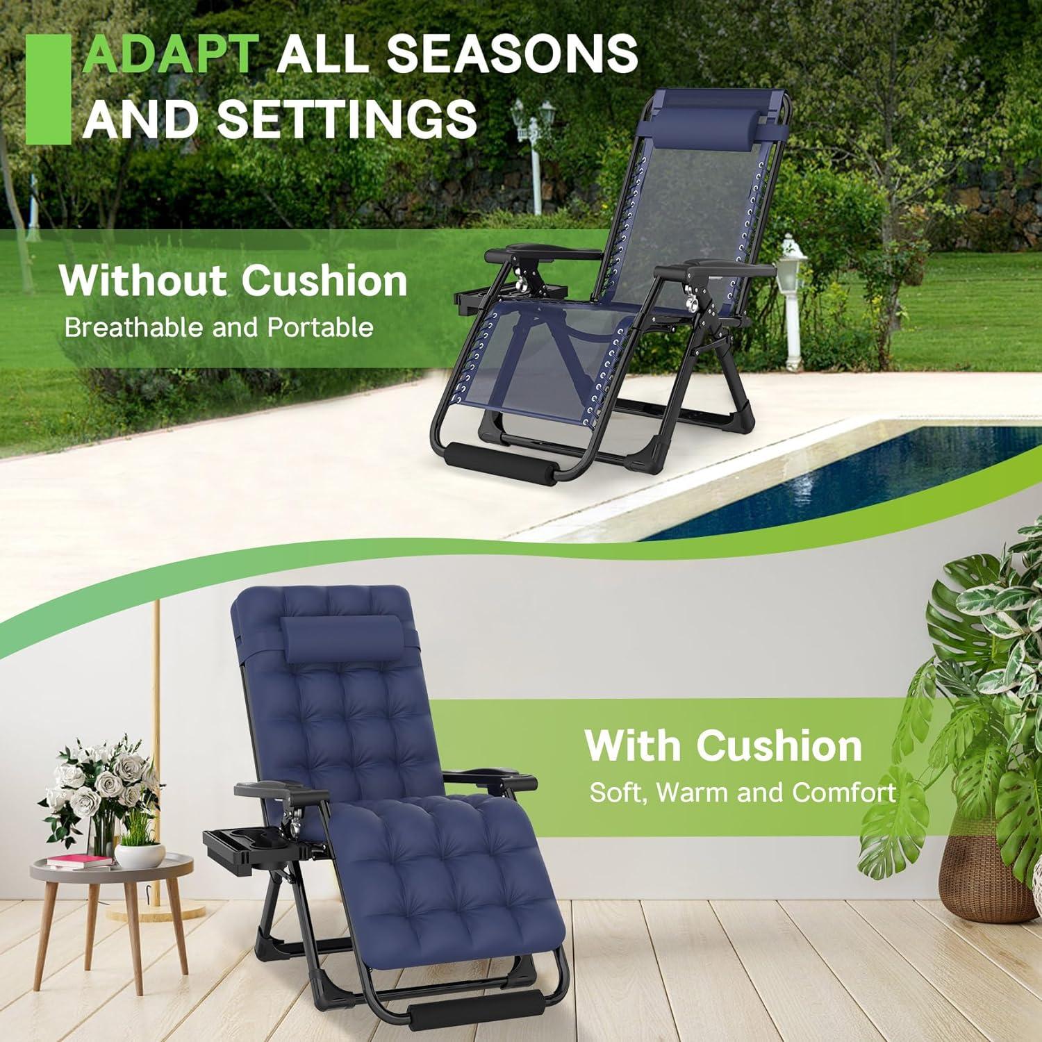 SEEUTEK Blue Outdoor Patio Zero Gravity Chair 26In Reclining Camping  Lounge Chair with Removable Cushion