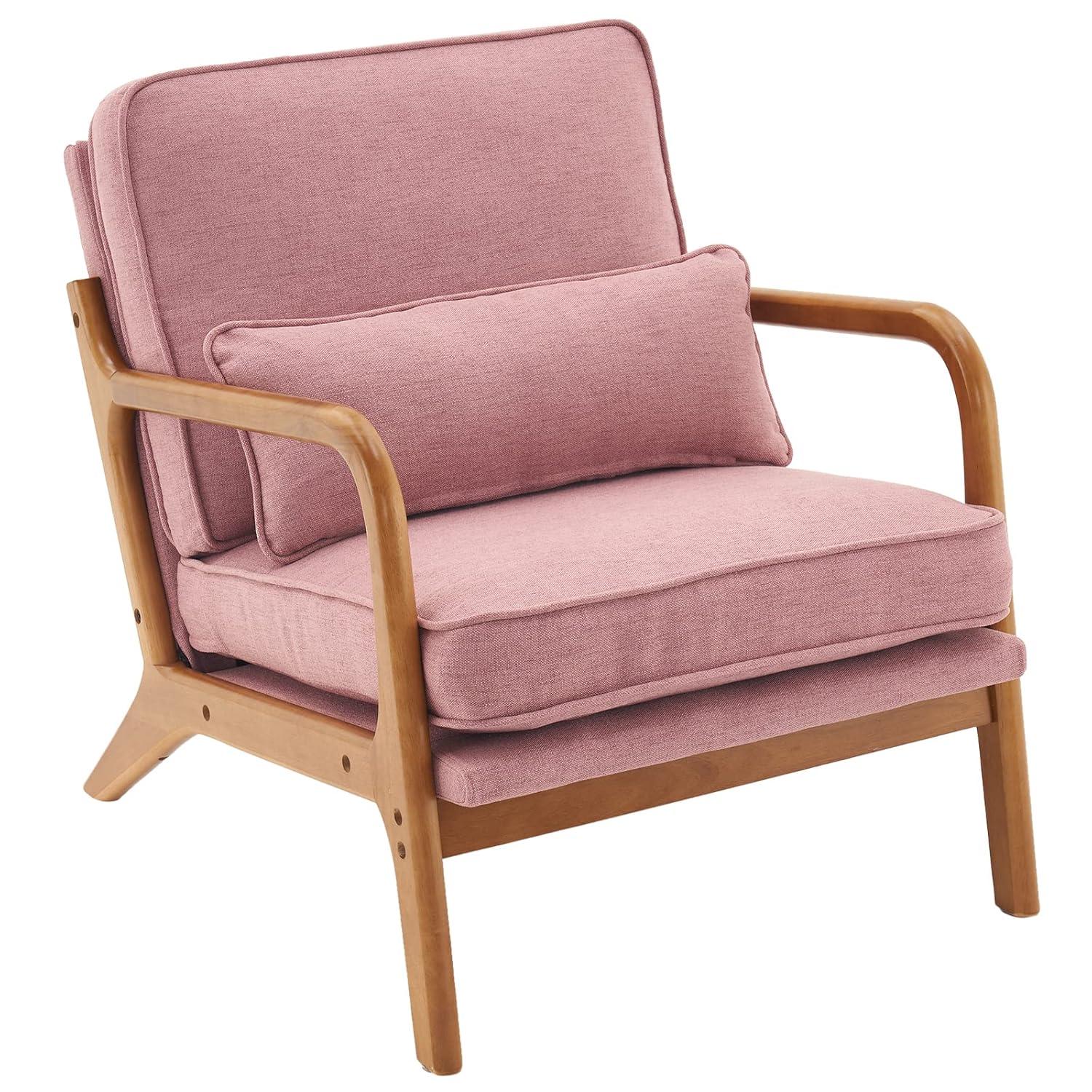 George Oliver Lemley Mid Century Solid Wood Accent Chair Upholstered Armchair with an Extra Pillow