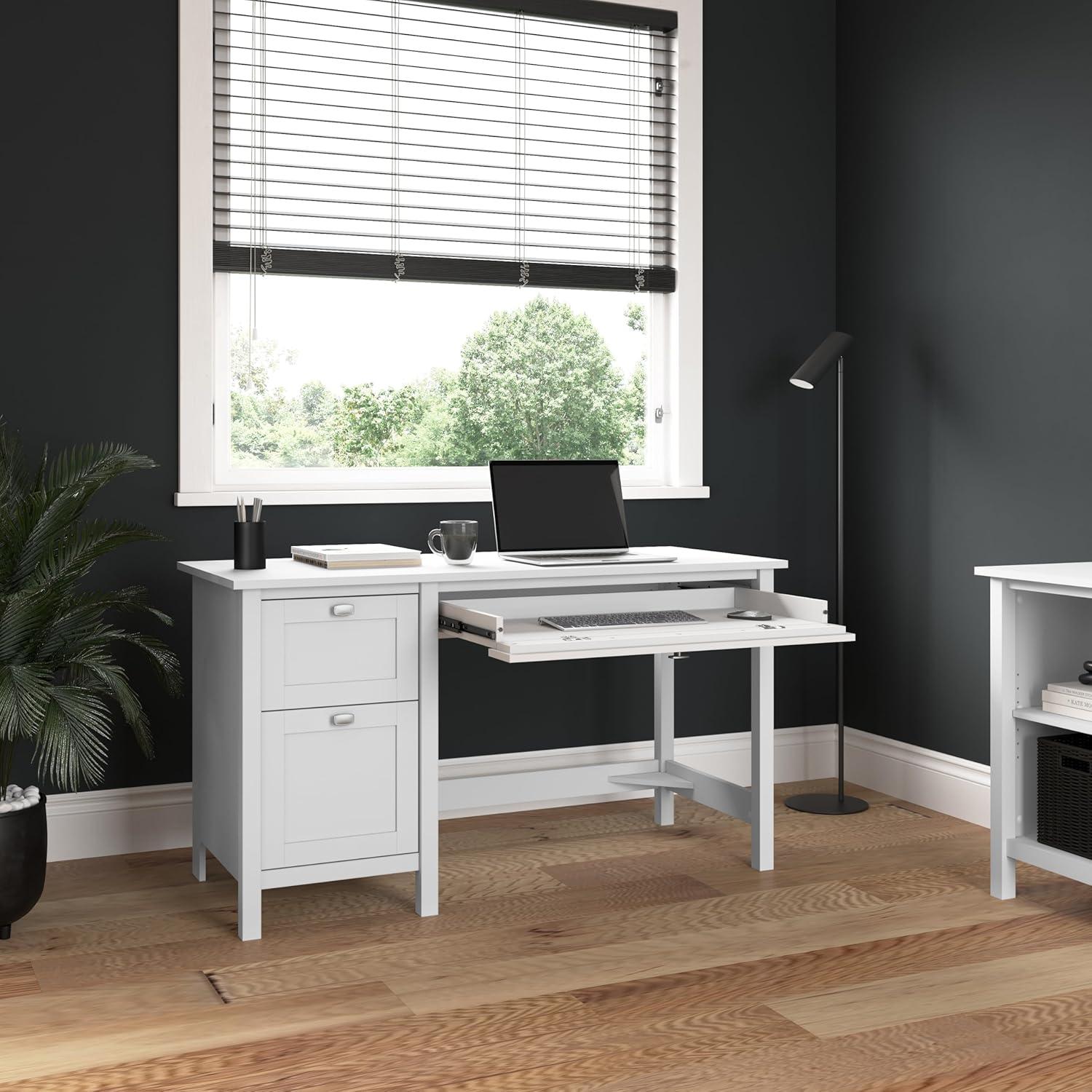 Pure White Transitional Wood Desk with Drawers and Keyboard Tray