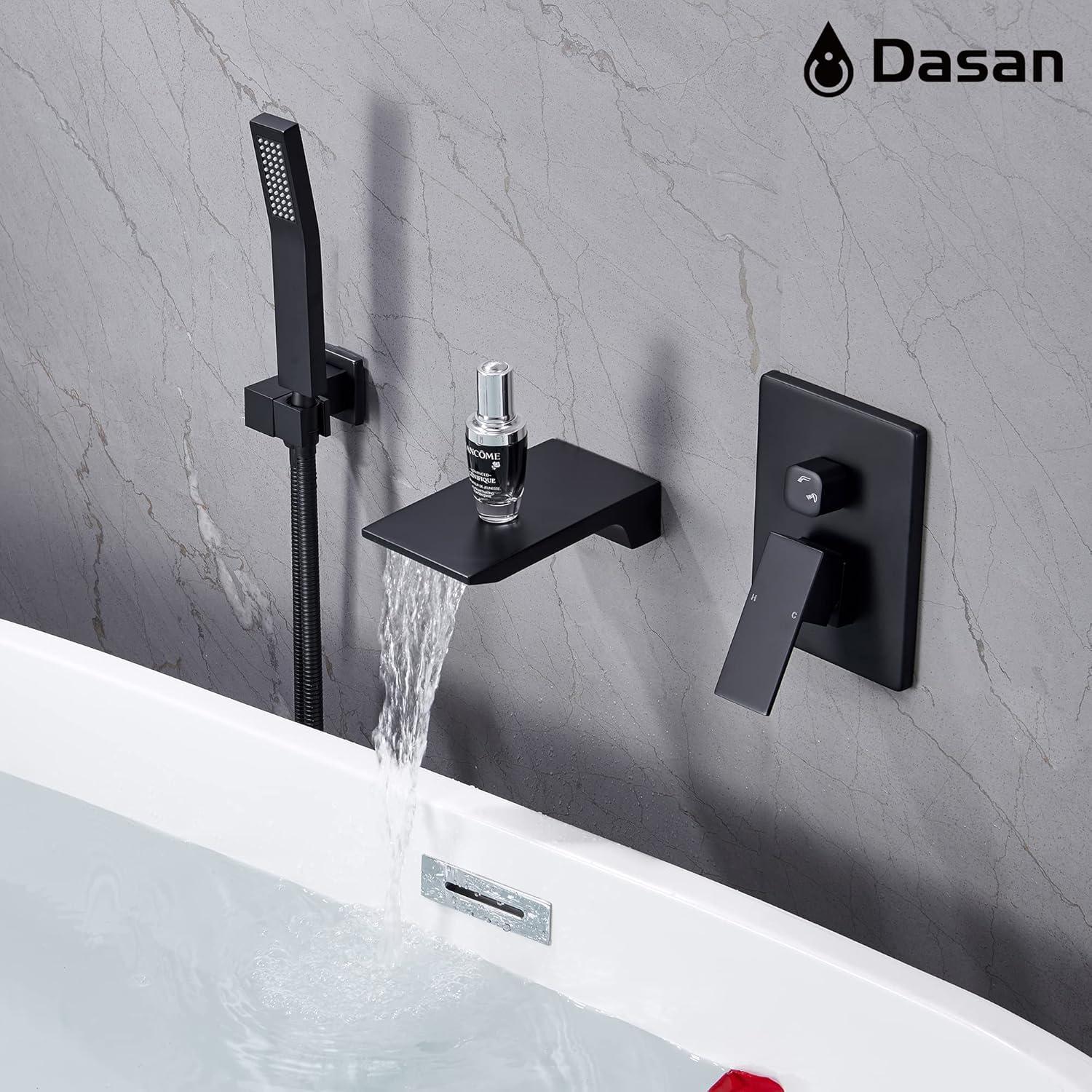 Airuida Wall Mount Tub Faucet with Waterfall Tub Spout Wall Mounted Bathtub Faucet with Handheld Shower Single Handle Tub Filler Shower Faucet Set with Rough-in valve Straight Spout Matte Black