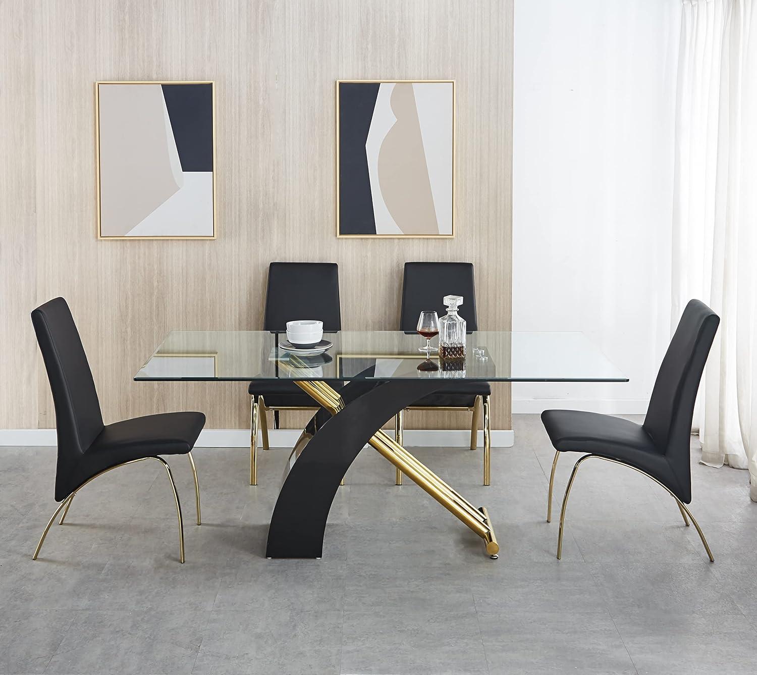 Modern Black and Gold Glass Dining Table with Curved Base