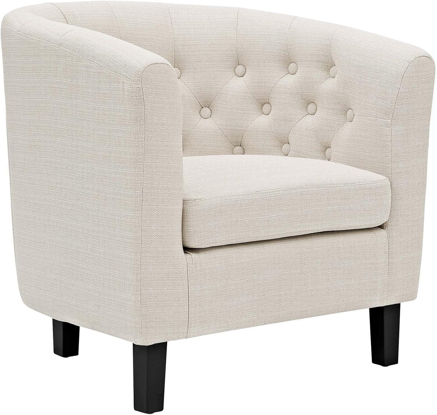 Chesterfield-Inspired Beige Velvet Barrel Armchair with Espresso Wood Legs