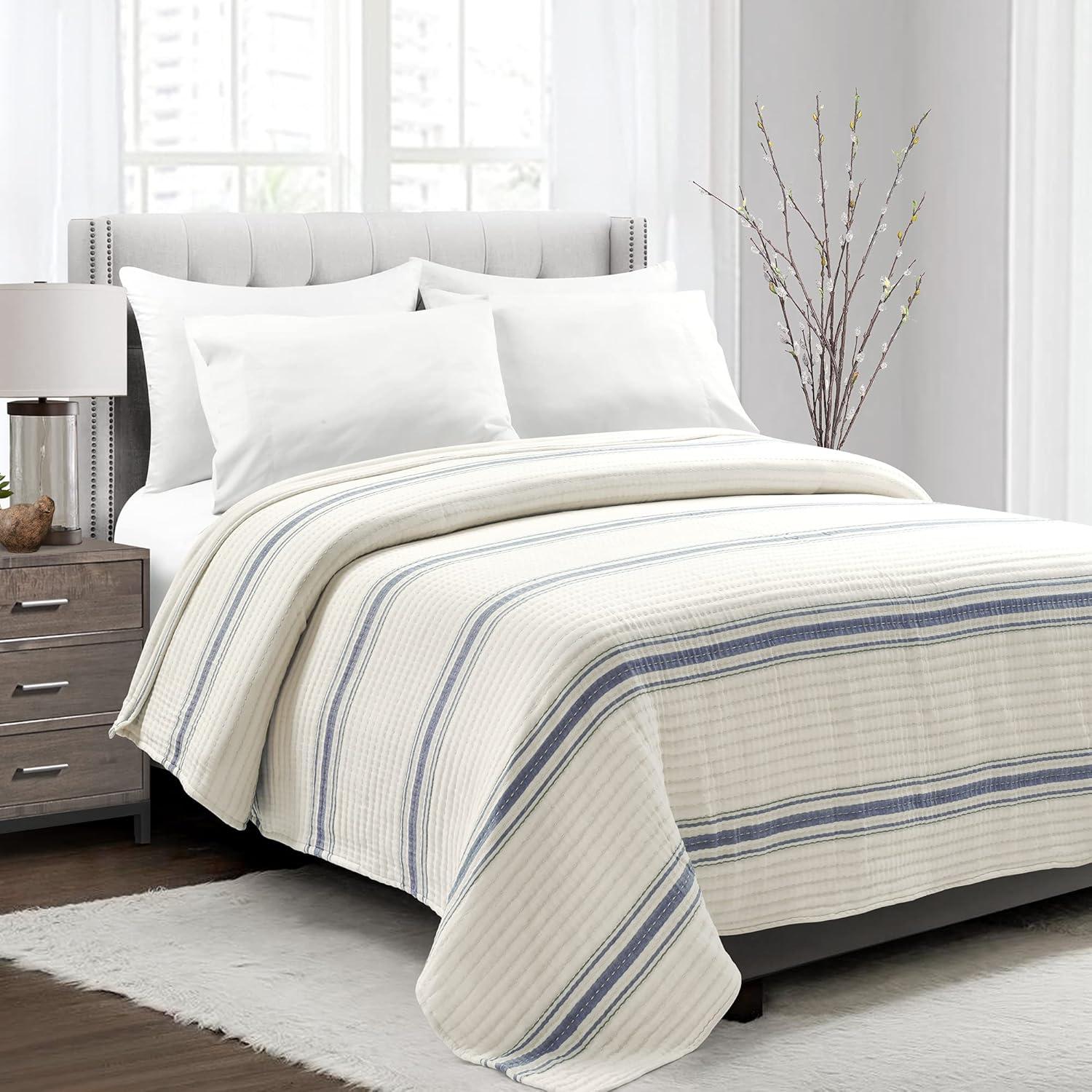 Lush Décor King Farmhouse Stripe Kantha Pick Sti Thread Counth Yarn Dyed Woven Single Quilt/Coverlet Navy: Reversible, OEKO-TEX Certified