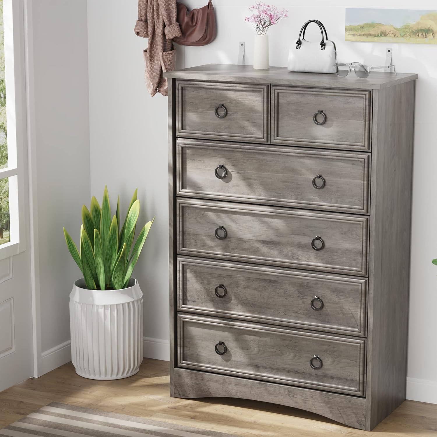 6 Drawer Dresser, Tall Wood Chest of Drawers Dressers for Bedroom, Living Room, Gray