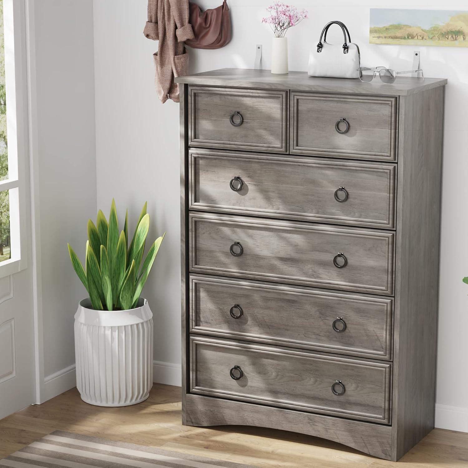 6 Drawer Dresser, Tall Wood Chest of Drawers Dressers for Bedroom, Living Room, Gray