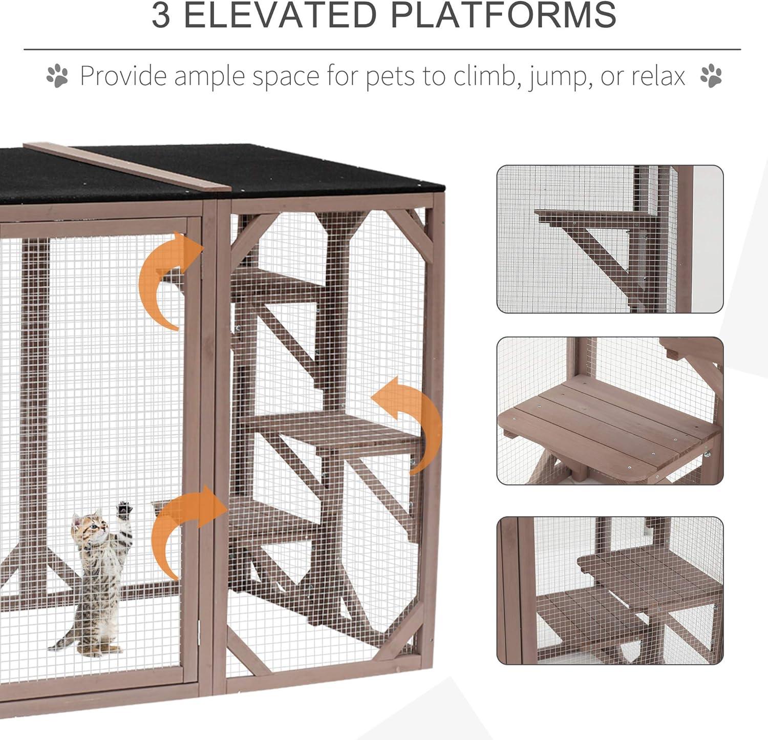 PawHut Wooden Outdoor Cat House Catio Kitten Enclosure Indoor Cage with Asphalt Roof, Multi-Level Platforms and Large Enter Door - 71"L