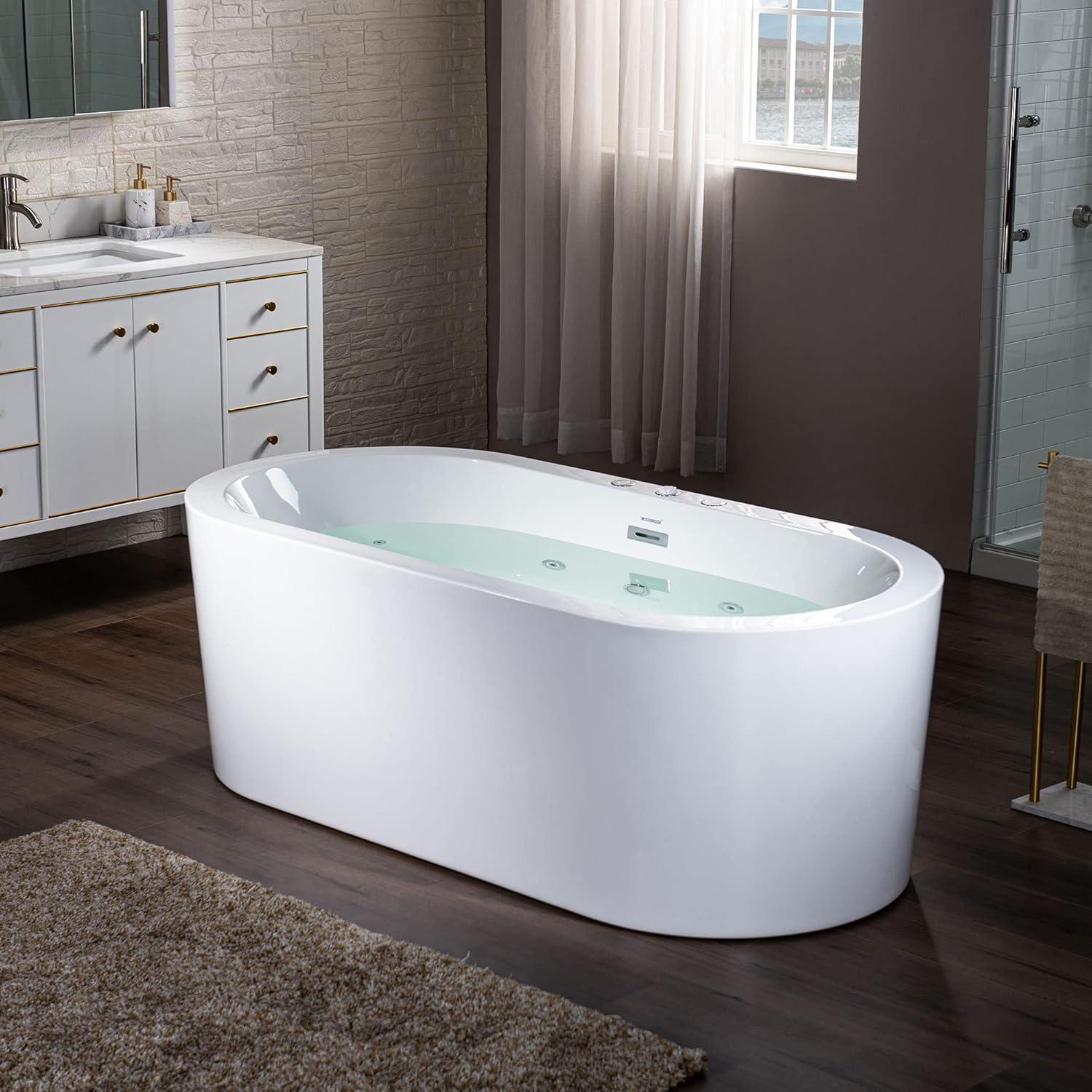 59" x 30" Freestanding Air Soaking Acrylic Bathtub with 208 Jets, 7 Colors LED Lights, Chromatherapy