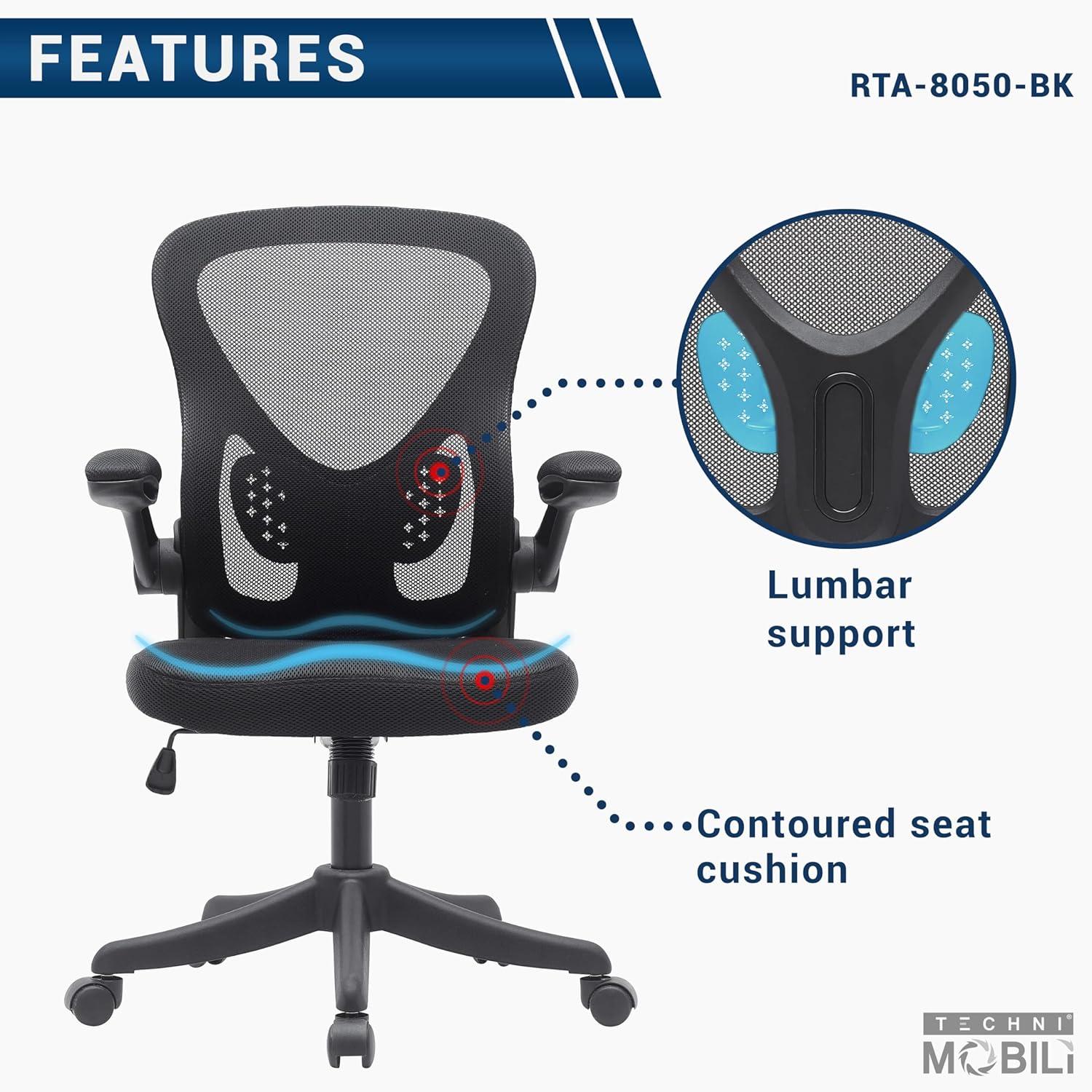 Techni Mobili Mesh Task Office Chair with Flip Up Arms Black - Techni Mobili: Ergonomic, Adjustable, Swivel, Nylon Frame