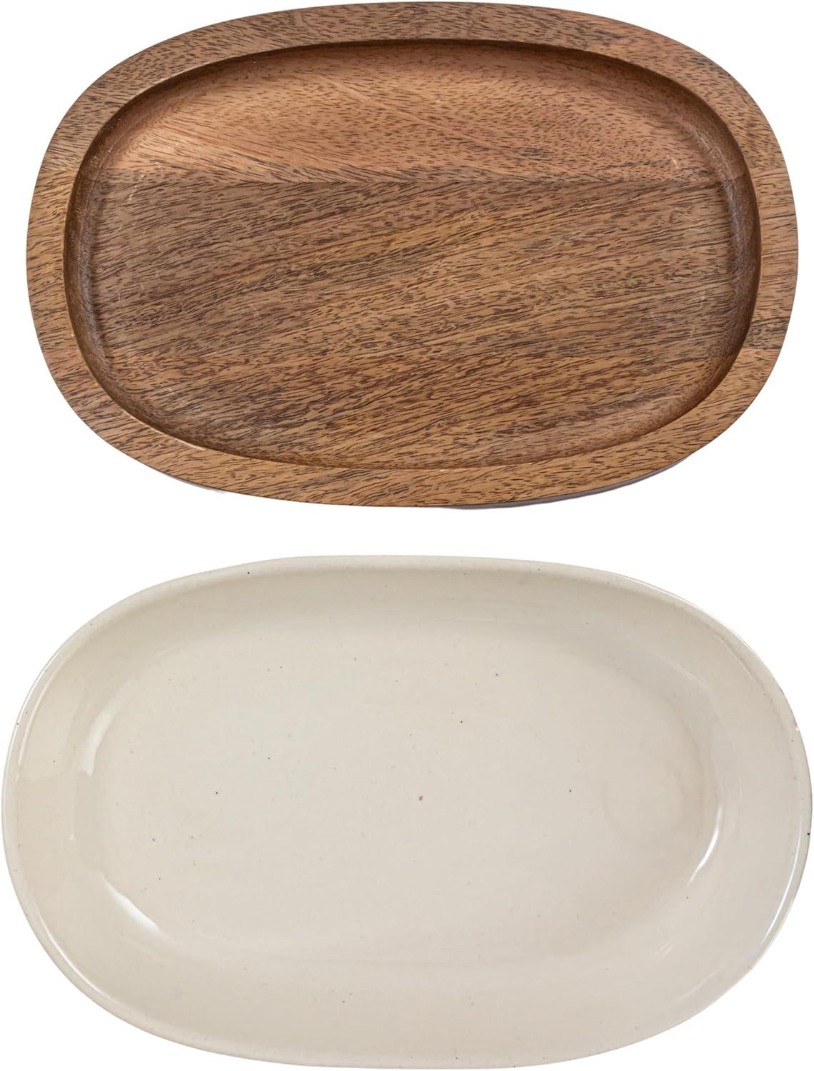 Cream Stoneware Serving Dish with Mango Wood Base