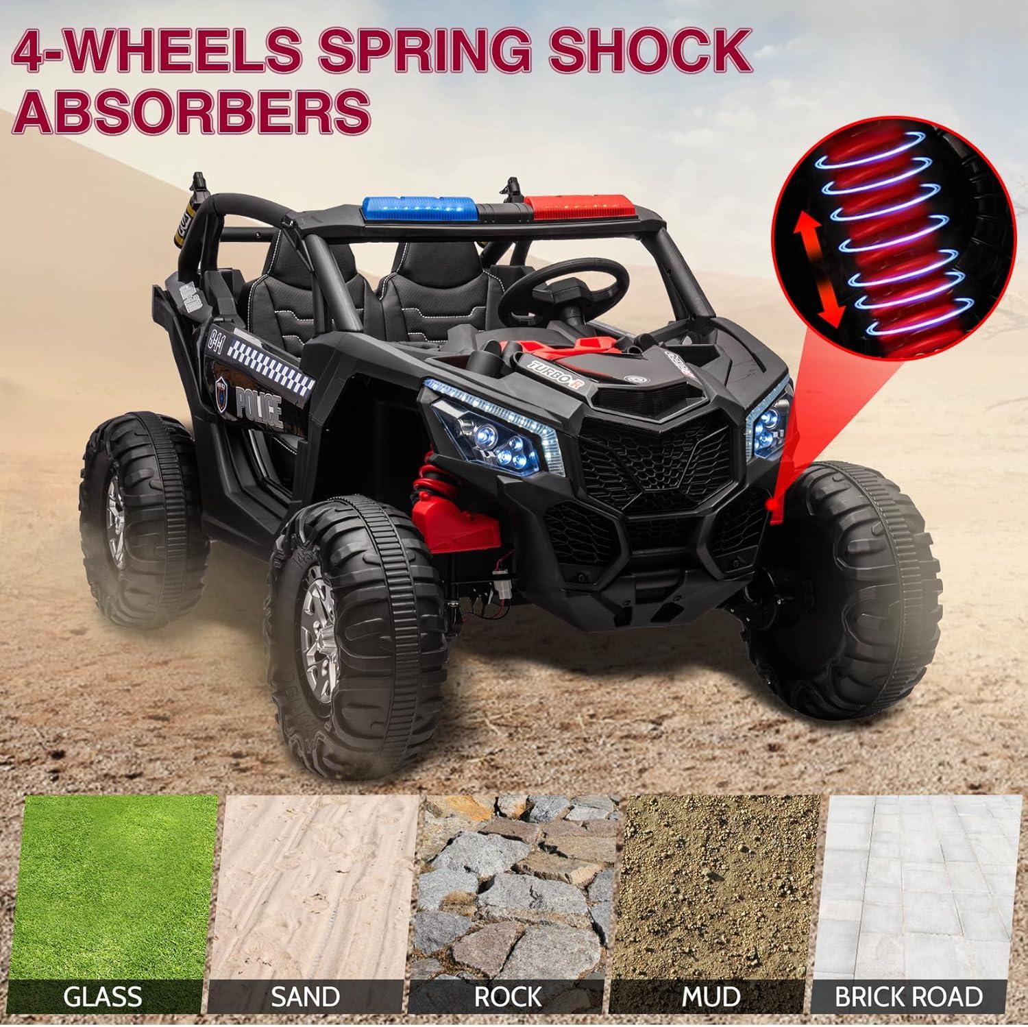 Huloretions Two Seater 24V Kids Ride on UTV Car, 4WD 300W Motors Powerful Electric Vehicle w/Remote Control, 4 Shock Absorbers, Leather Seats, Music and Lights, Electric Car for Kids