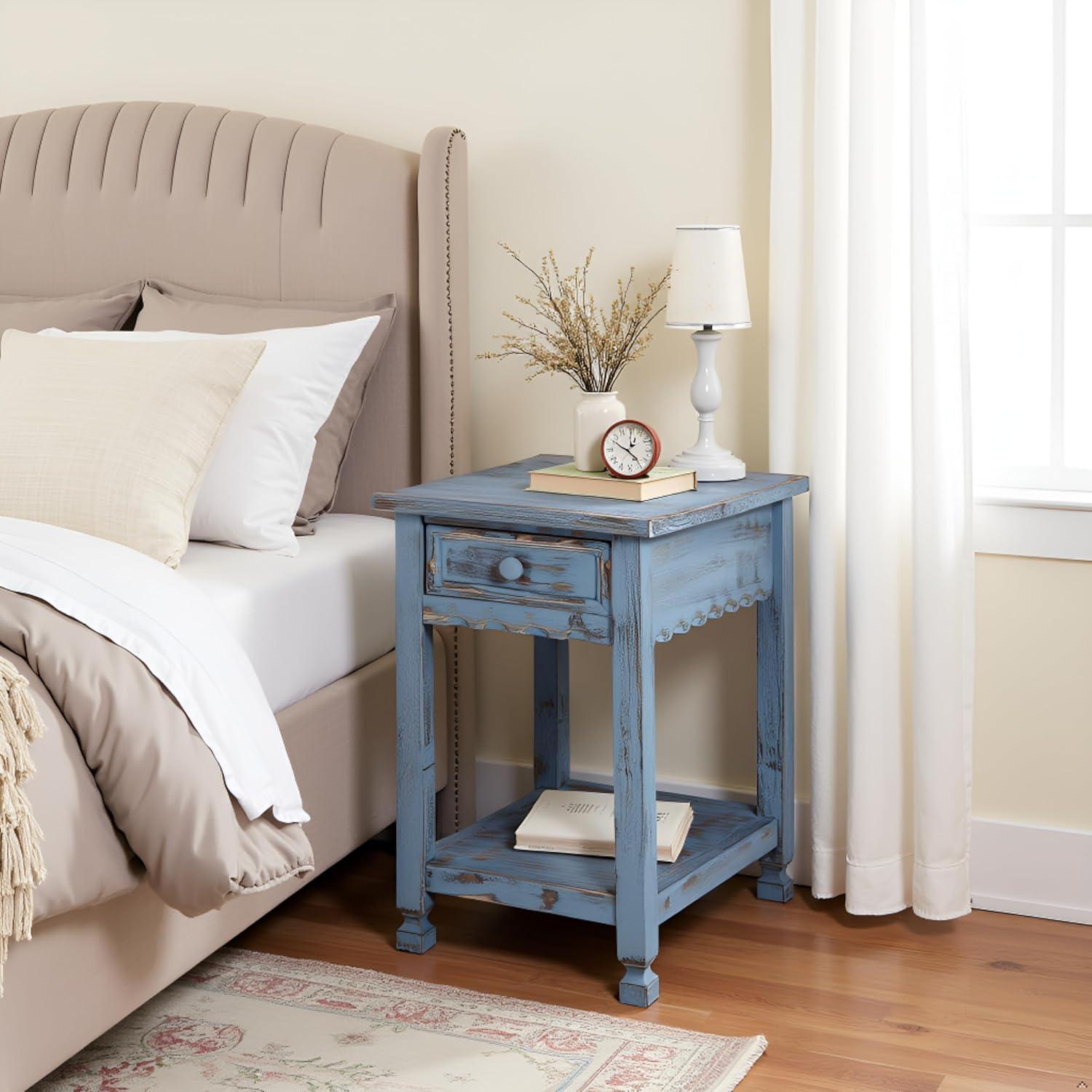 Alaterre Furniture Country Cottage Chairside End Table with 1 Drawer and 1 Shelf, Square Turned Legs, Farmhouse Style for Living Room, Antique Blue Finish