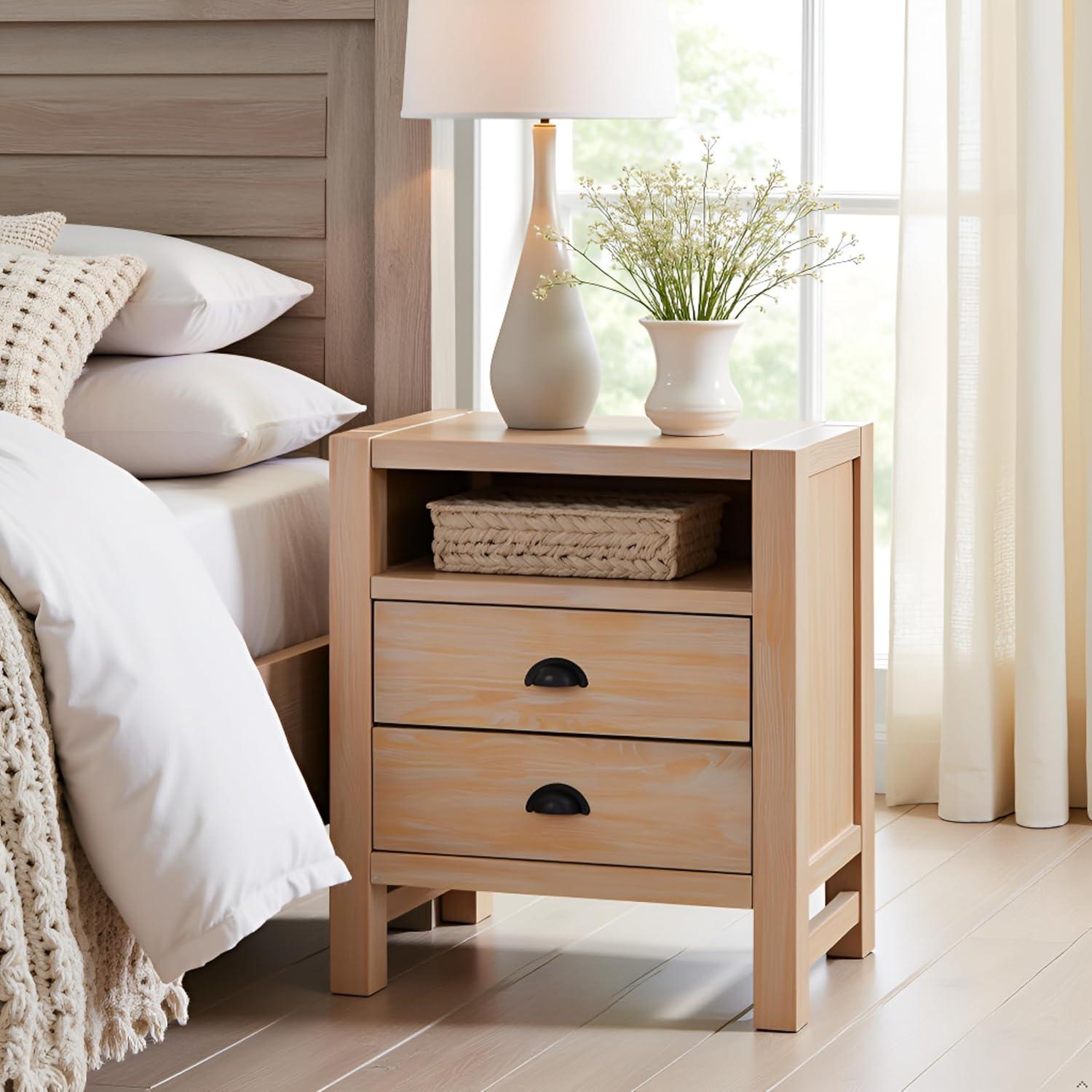 Arden 2-Drawer Wood Nightstand, 25 in. H Bedside Table with Oil Rubbed Bronze Drawer Pulls & Metal Drawers Glides, Perfect for Modern Rustic Bedroom Sets, Solid, Durable Pine Wood