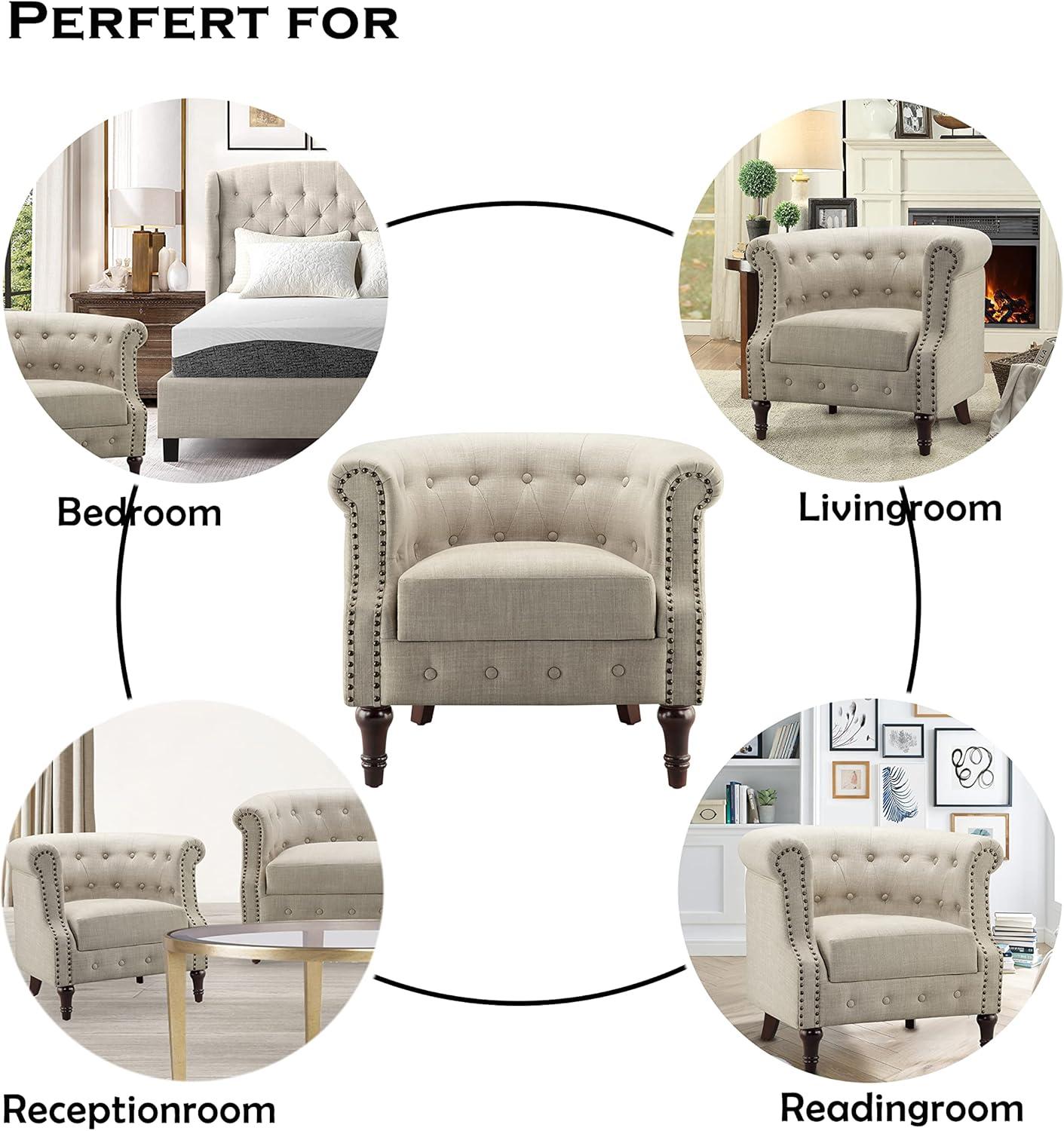 Natural Beige Tufted Barrel Chair with Nailhead Trim