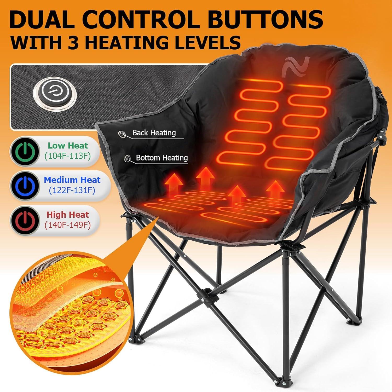 LILYPELLE Oversized Heated Camping Chair, Patio Lounge Chairs with 3 Heat Levels, Portable Folding Heated Chair Round Moon Saucer Folding Lawn Chair Outdoor Chair for Camping, Lounge Patio