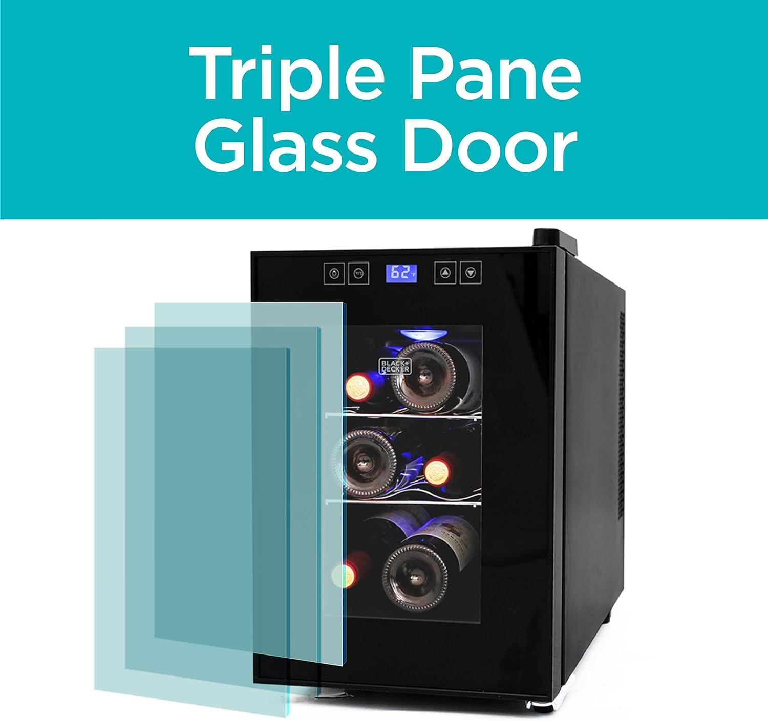 BLACK+DECKER 6 Bottle Wine Fridge, Thermoelectric Small Wine Cooler, Mini Wine Fridge with Triple Pane Clear Glass Door