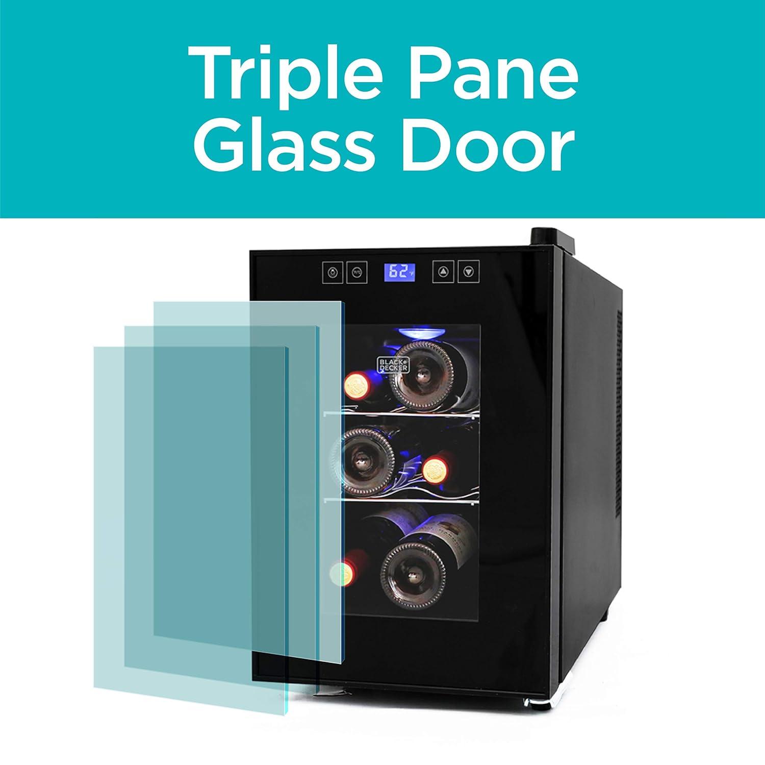 BLACK+DECKER 6 Bottle Wine Fridge, Thermoelectric Small Wine Cooler, Mini Wine Fridge with Triple Pane Clear Glass Door