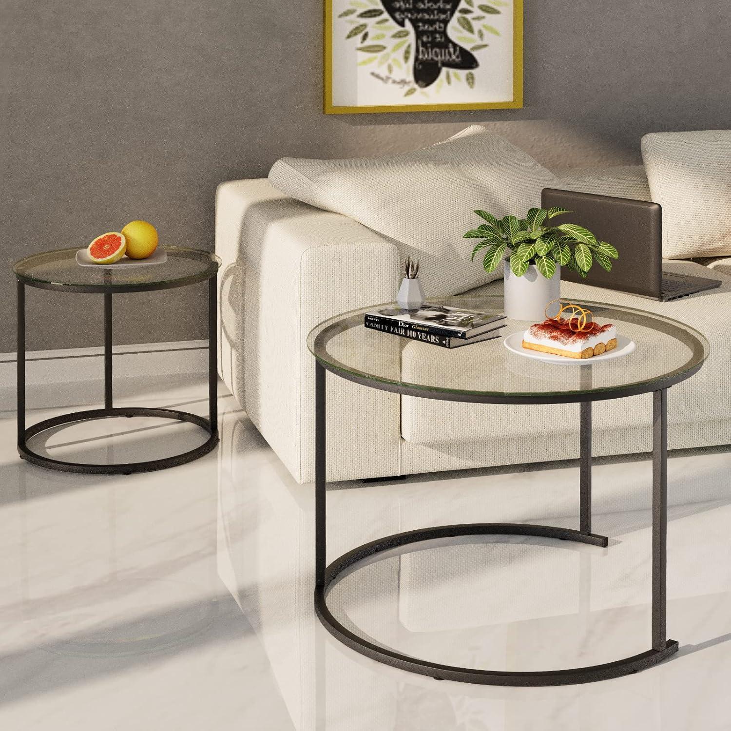 Nesting Coffee Table Set of 2,Modern Black Tempered Glass Side Table, Metal Frame Round End Table.Small Glass Tea Table for Living Room,Bedroom Studio Apartment Essentials，17.7IN