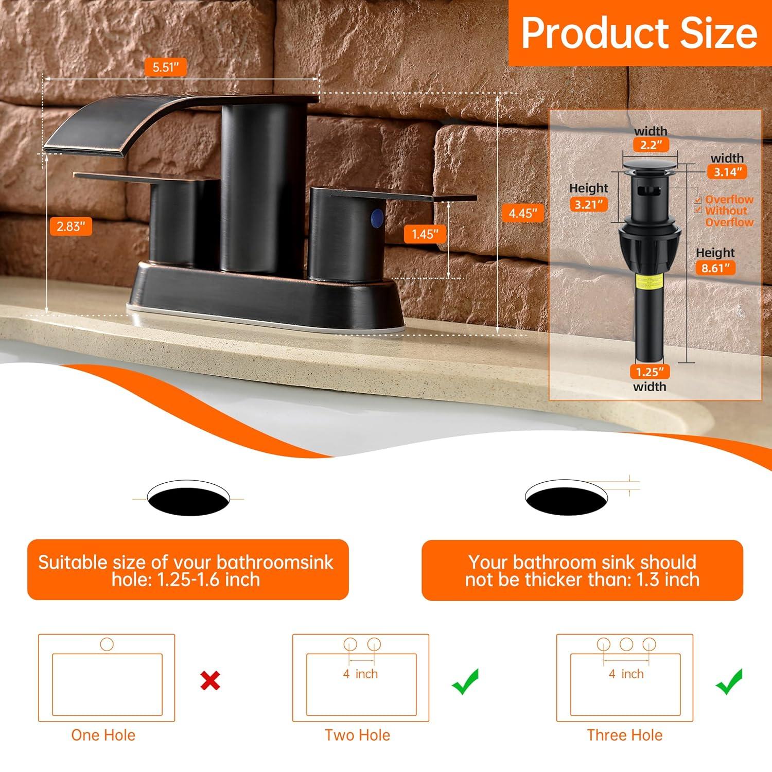 4-inch Centerset Double Handle Waterfall Bathroom Sink Faucet with Pop-up Drain Kit