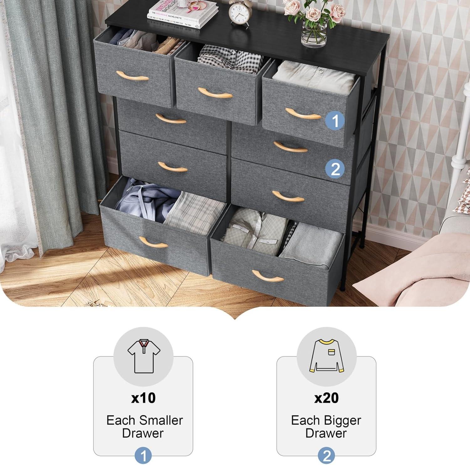 Crestlive Products Home Extra Wide Closet Dresser Storage Tower Organizer Unit 9 Drawers Grey Dark Wood