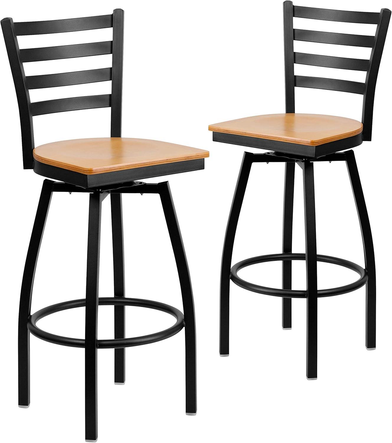 BizChair 2 Pack Black Ladder Back Swivel Metal Barstool - Natural Wood Seat