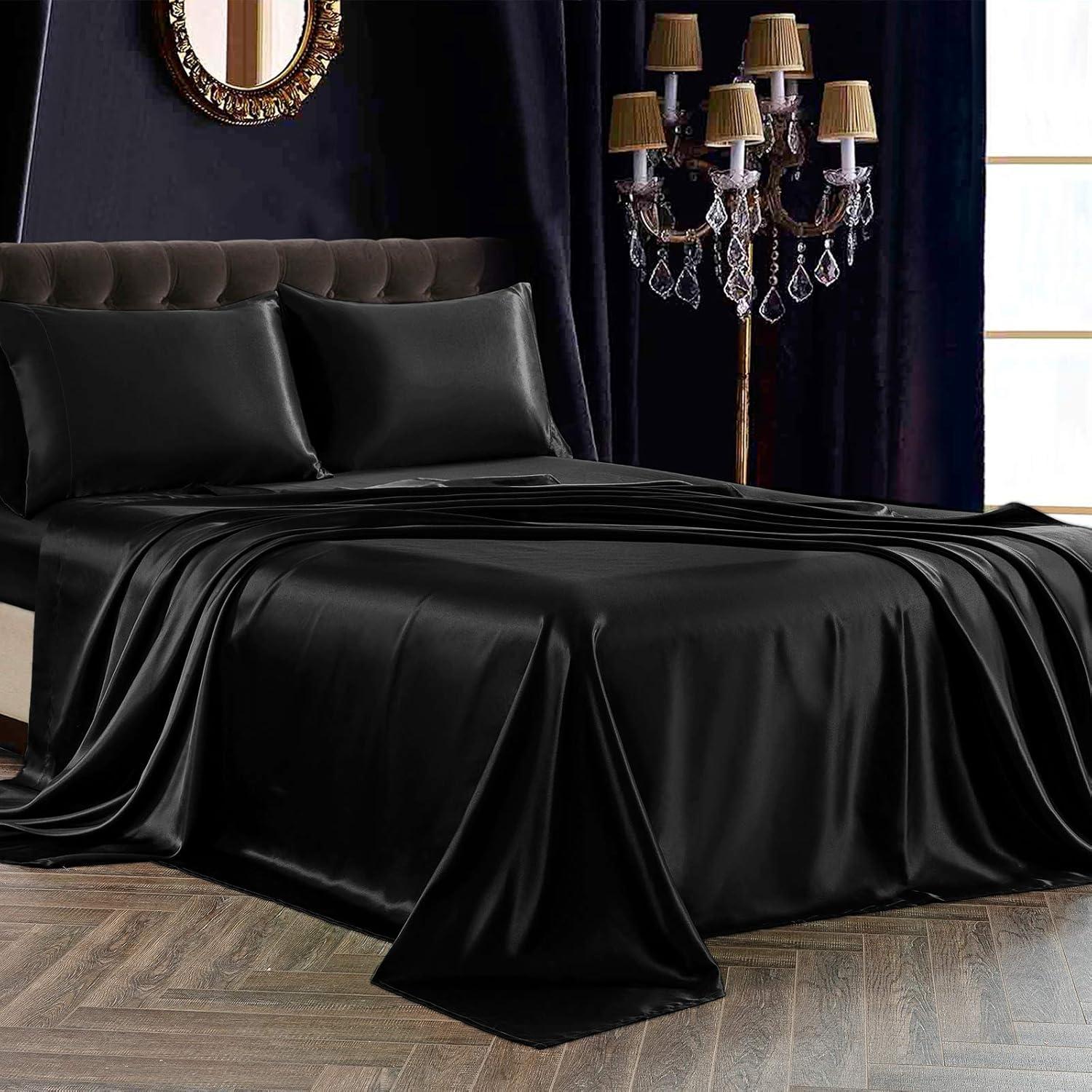 Black Satin Full Size 4-Piece Deep Pocket Sheet Set