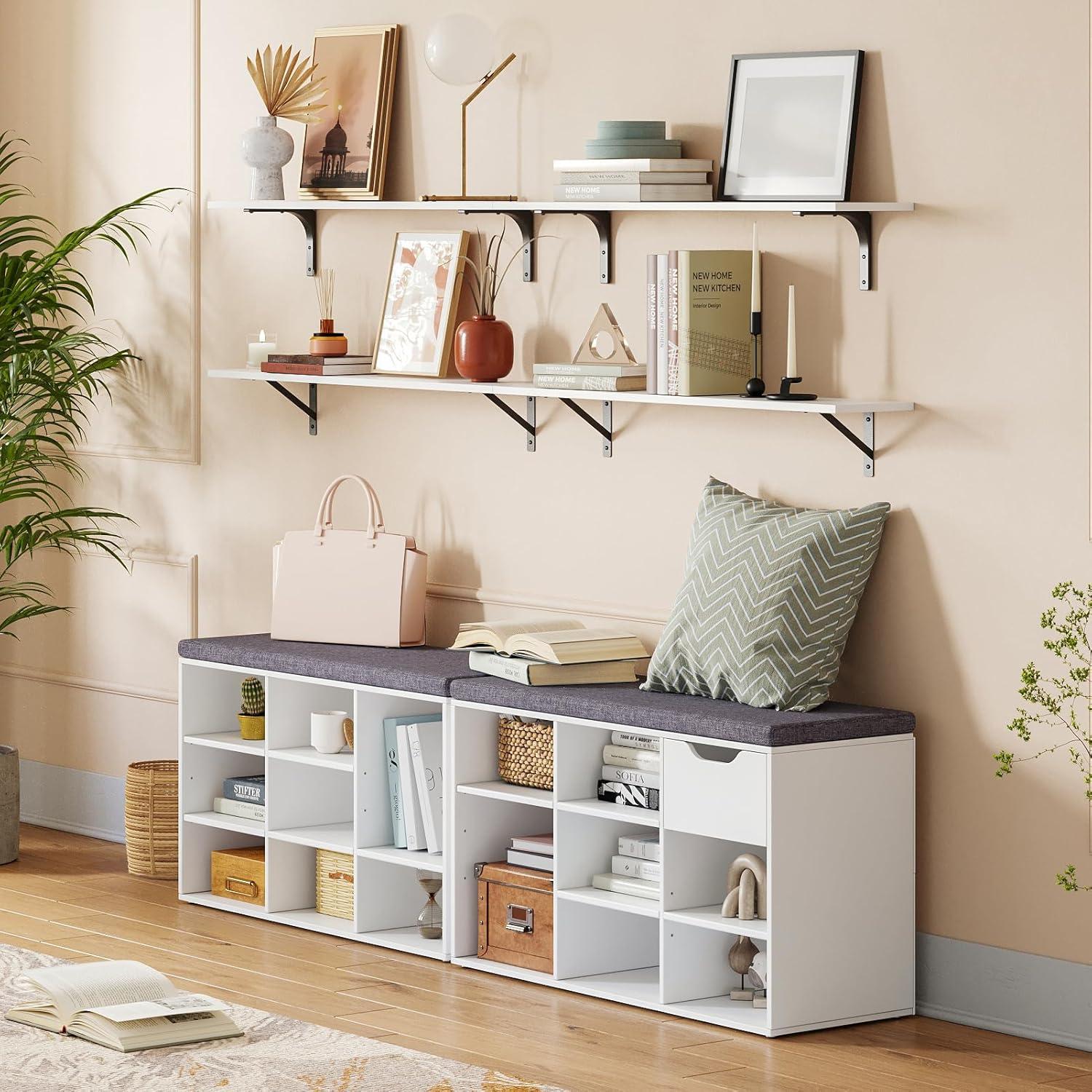 White Entryway Shoe Bench with Drawer and Gray Cushion