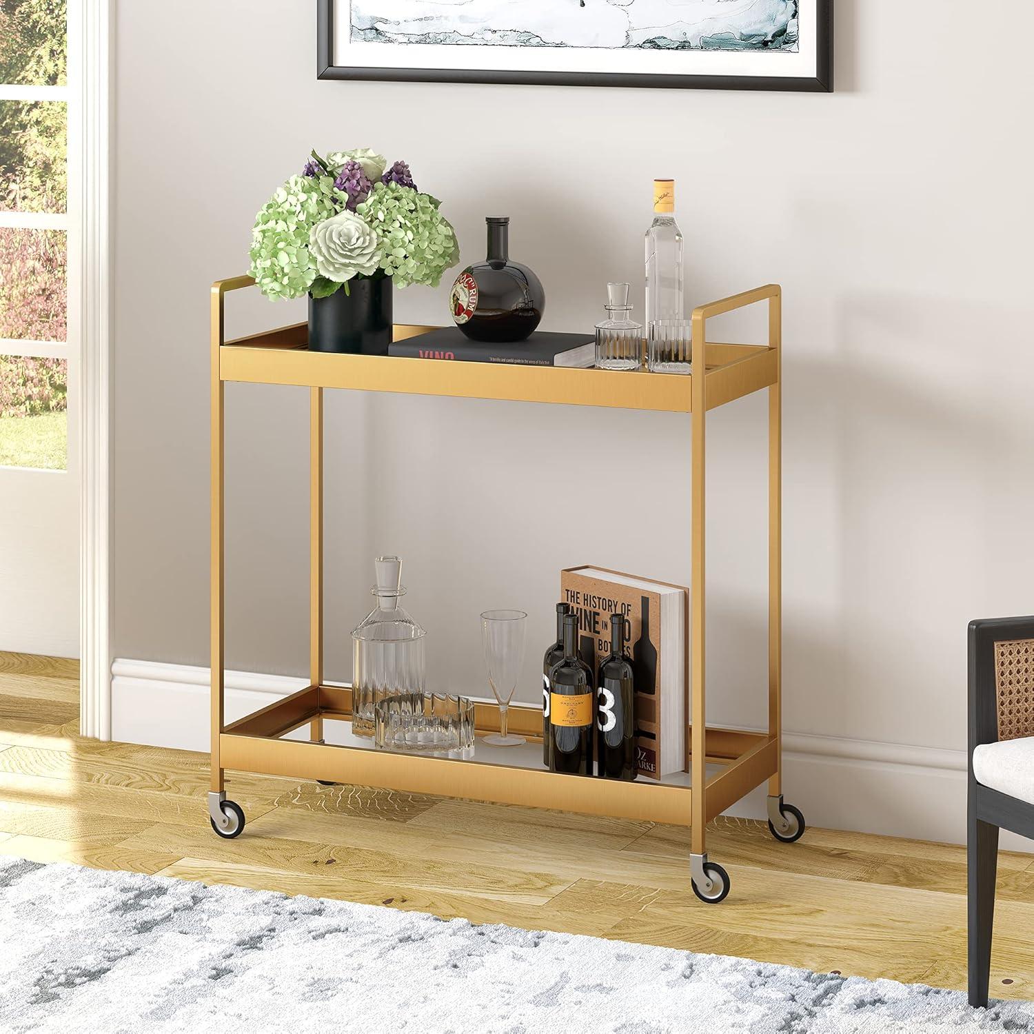 Glamourous Brass Finish Rectangular Bar Cart with Glass Shelves