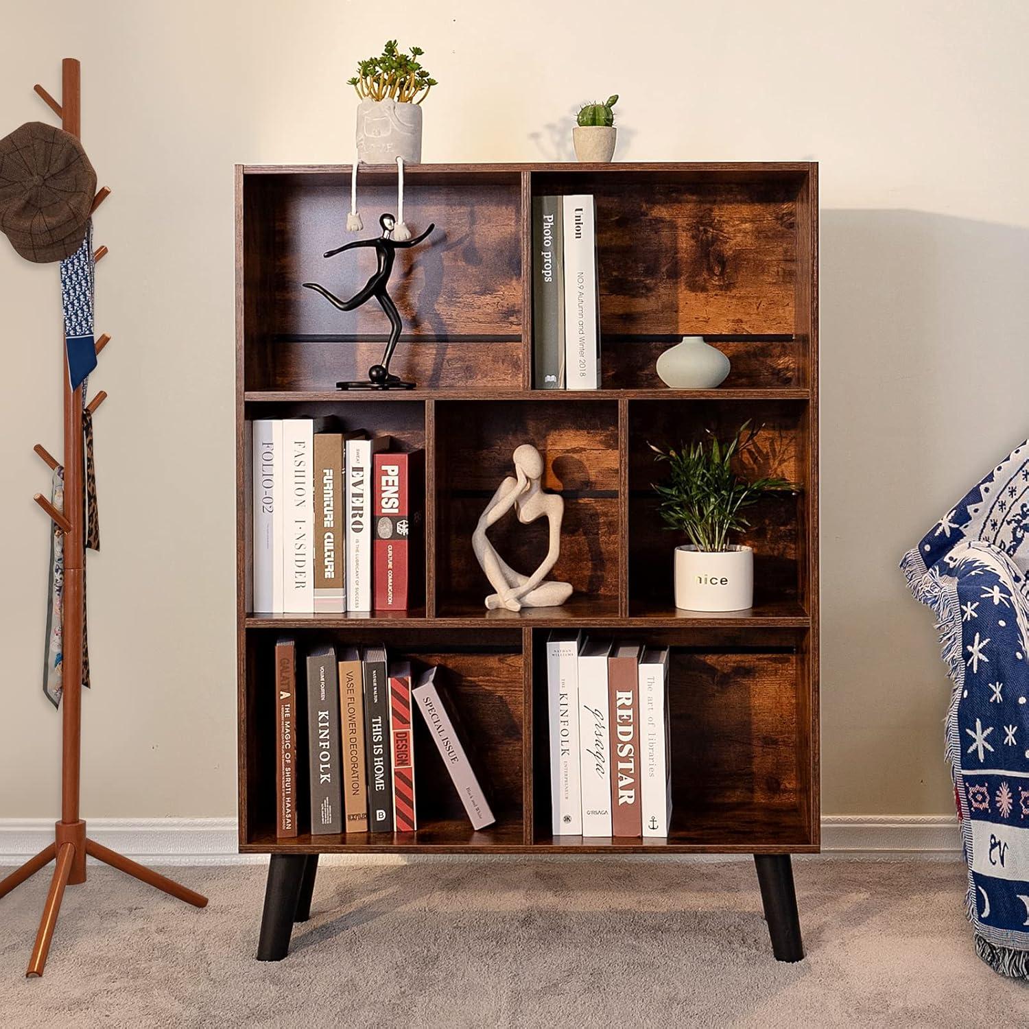 Retro Brown 3-Tier Cube Bookshelf with Glossy Finish