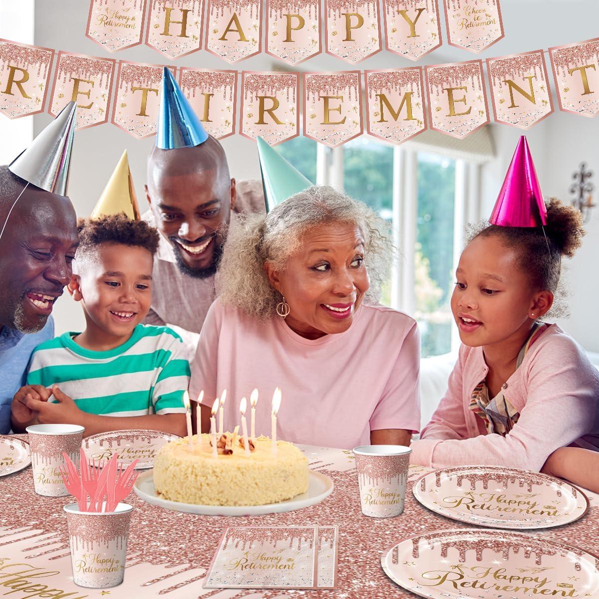 142pcs Rose Gold Retirement Party Decorations for Women, Happy Retirement Disposable Plates Napkins Cups Tablecloth Banner Cutlery for Retired Party Supplies