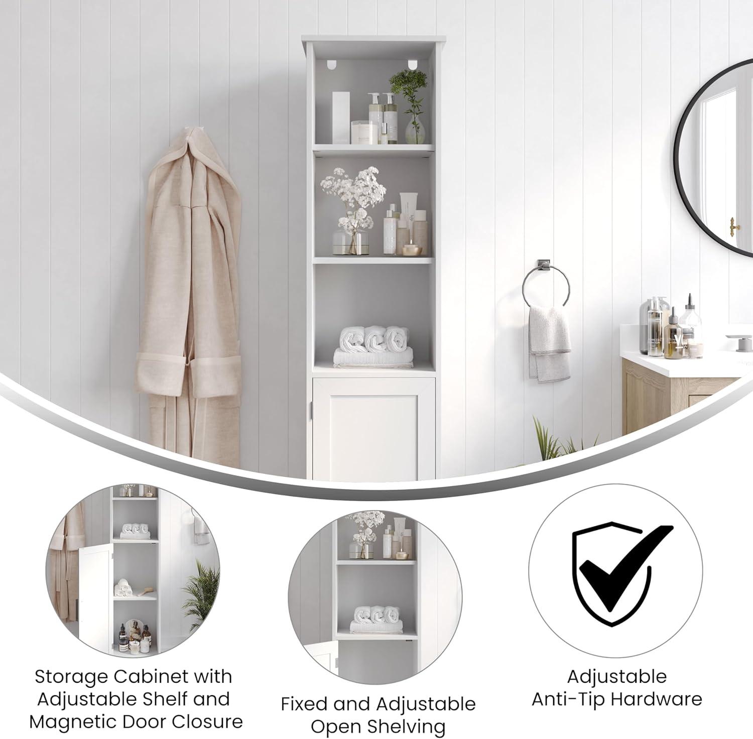 Flash Furniture Vega Freestanding Narrow Bathroom Linen Tower Storage Cabinet Organizer with Door, In-Cabinet Adjustable Shelf, and Upper Open Shelves