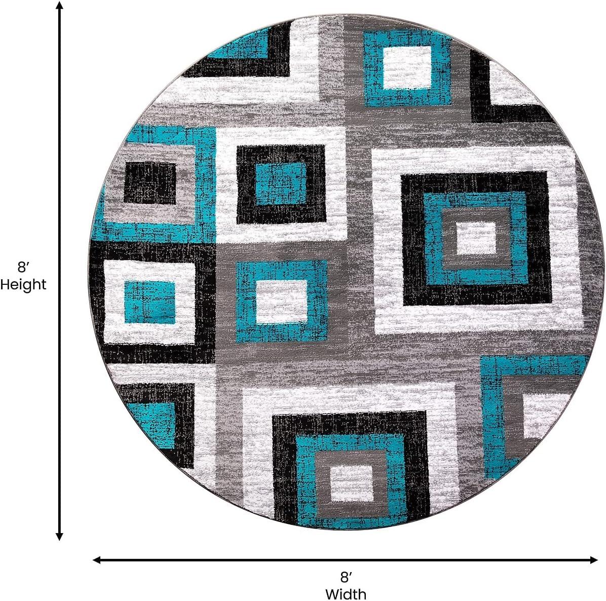 Modern Geometric 8' Round Area Rug in Turquoise, Grey, and White with Cotton Backing