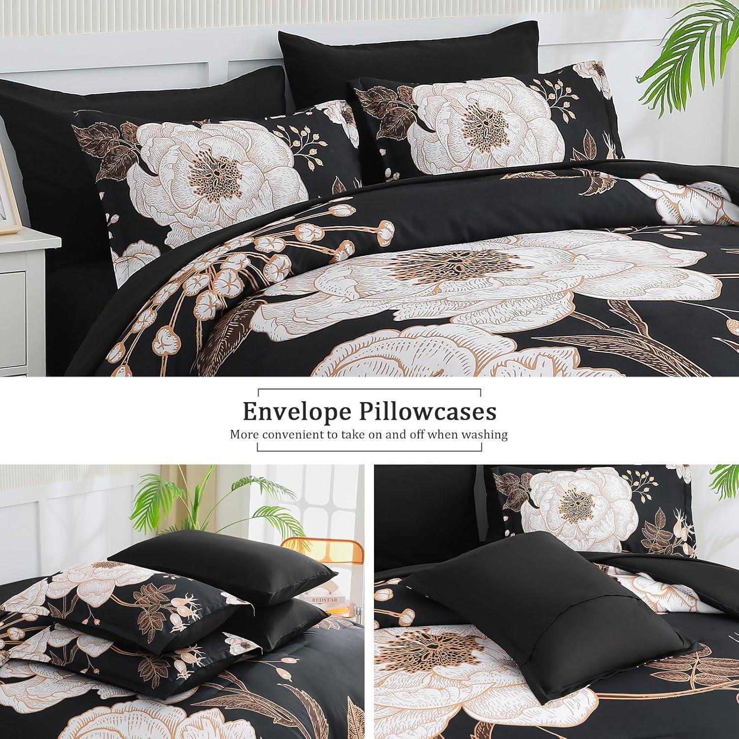 DANTUL 7 Piece Bed In A Bag Queen Comforter Set Botanical Floral Bedding Set,White Flowers Leaves Printed On Black Reversible Design,Soft Microfiber Comforter With Sheet Set,All Season