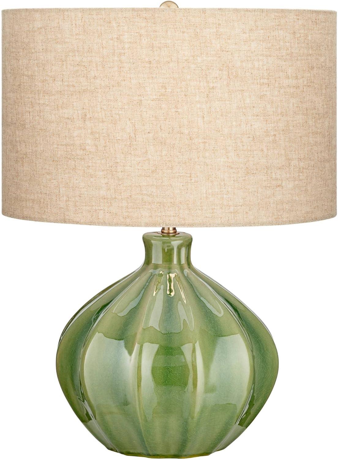 360 Lighting Gordy Modern Accent Table Lamps 20 1/2" High Set of 2 Ribbed Green Ceramic Oatmeal Fabric Drum Shade for Bedroom Living Room Nightstand