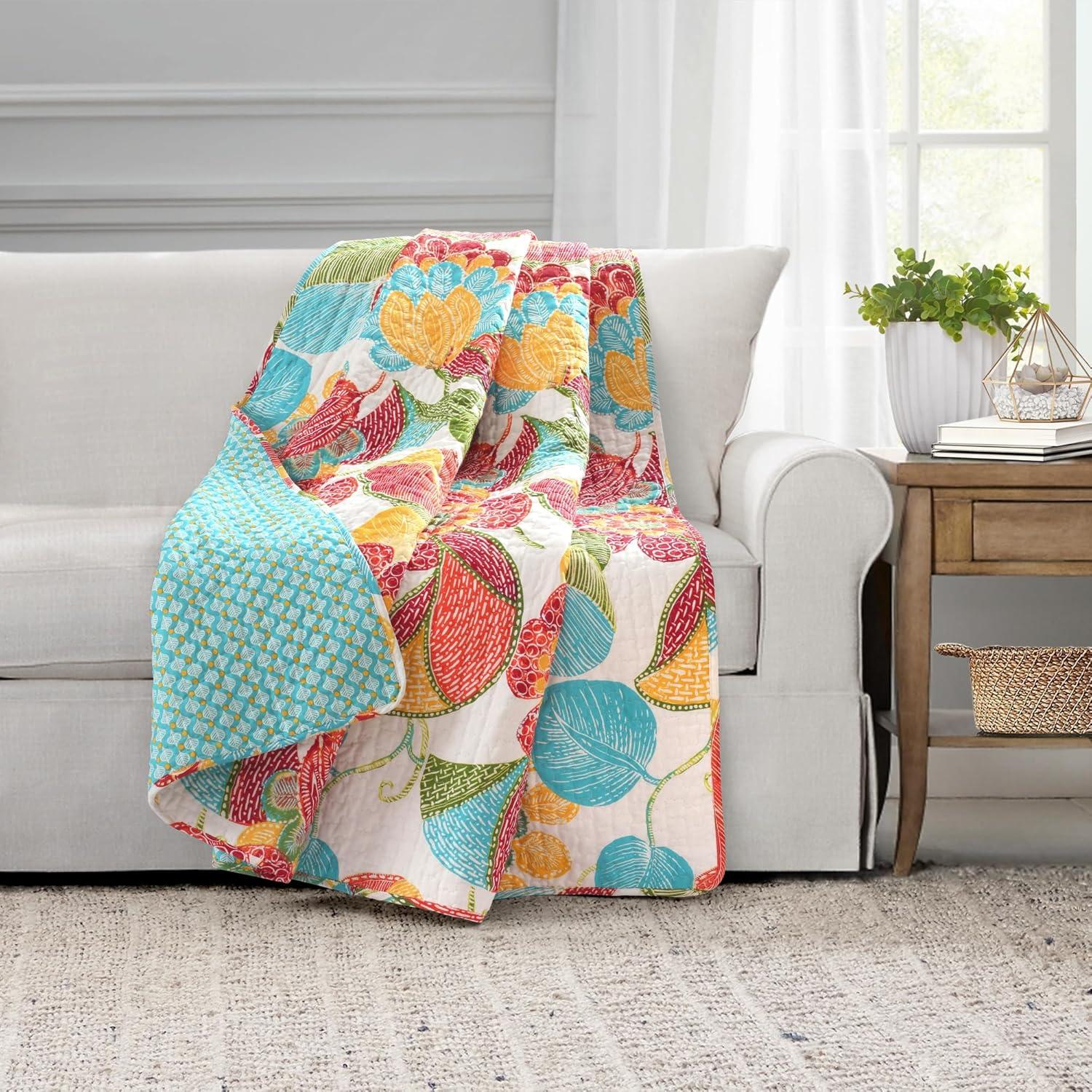 Layla Floral Orange and Blue Reversible Cotton Throw Blanket