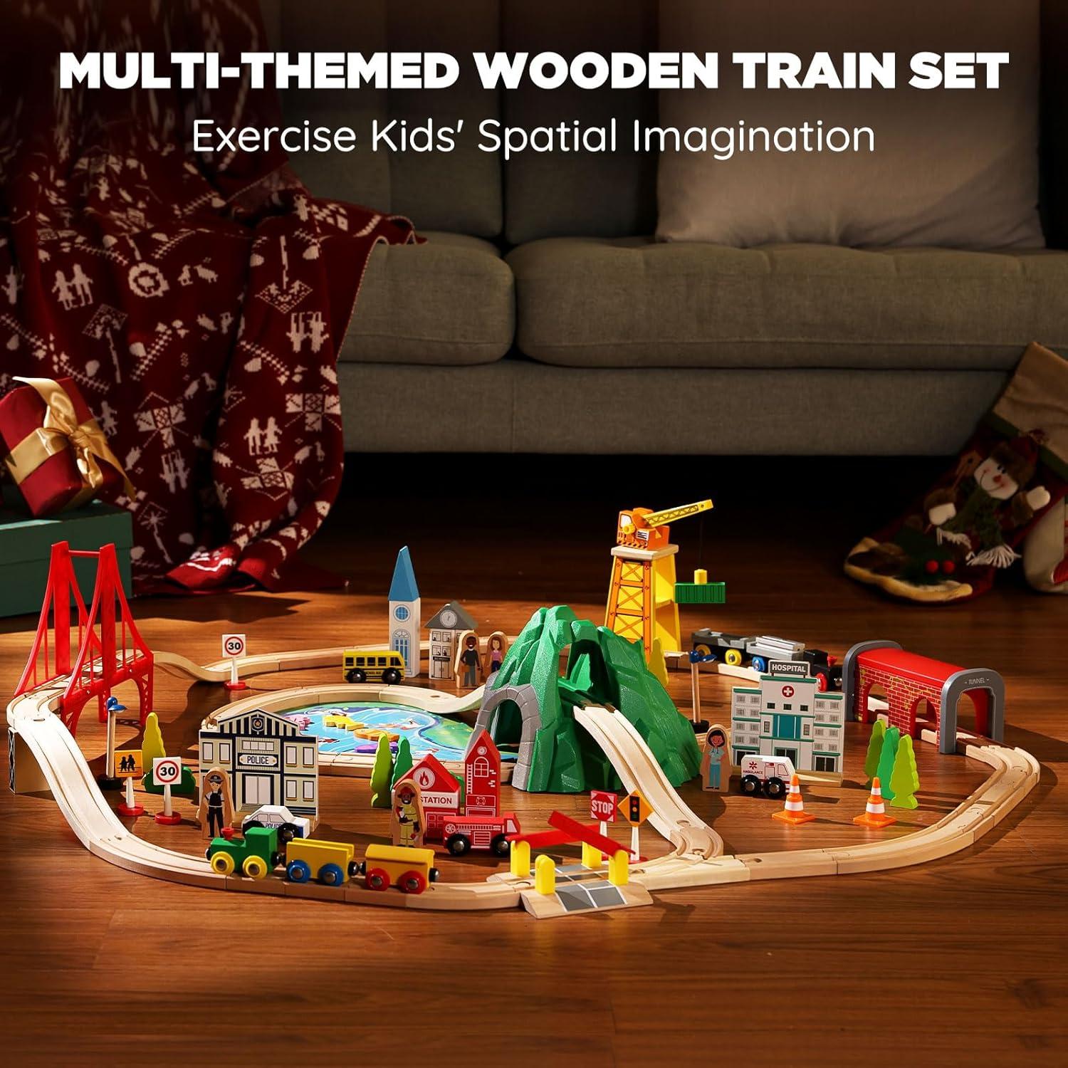 SainSmart Jr. 112-Piece Wooden Train Set for Toddler – Double-Sided Train Tracks, Compatible with Brio, Thomas, Melissa & Doug – Perfect Wood Toy for Boys and Girls