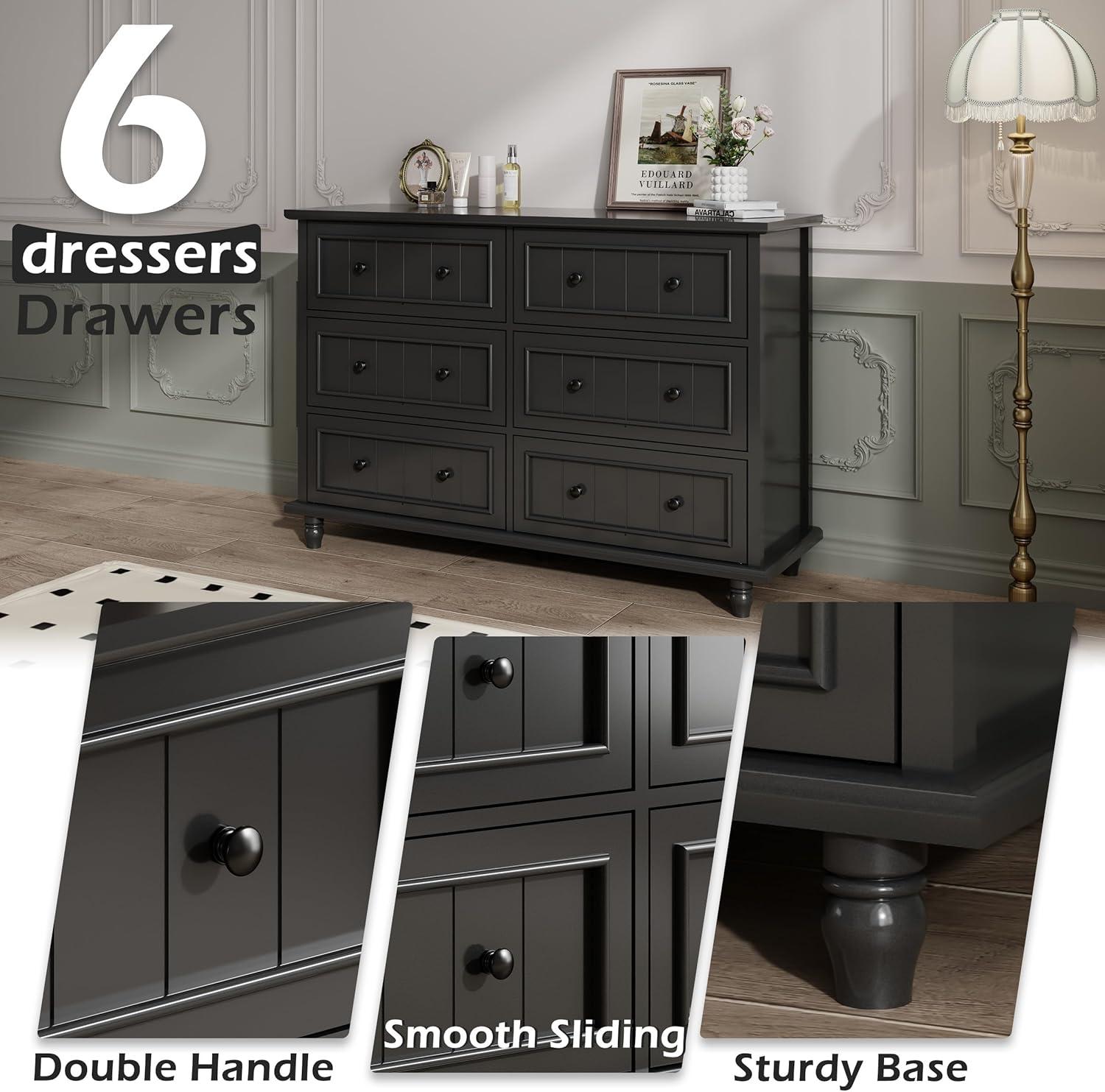 Scurrty 6 Drawer Dresser, Antique Chest of Drawers, Large Cabinet with Storage, Big Dresser for Clothes in Living Room, Bedroom (Black)