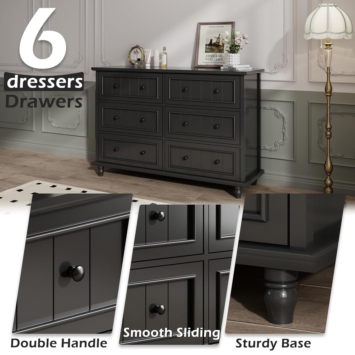 Scurrty 6 Drawer Dresser, Antique Chest of Drawers, Large Cabinet with Storage, Big Dresser for Clothes in Living Room, Bedroom (Black)
