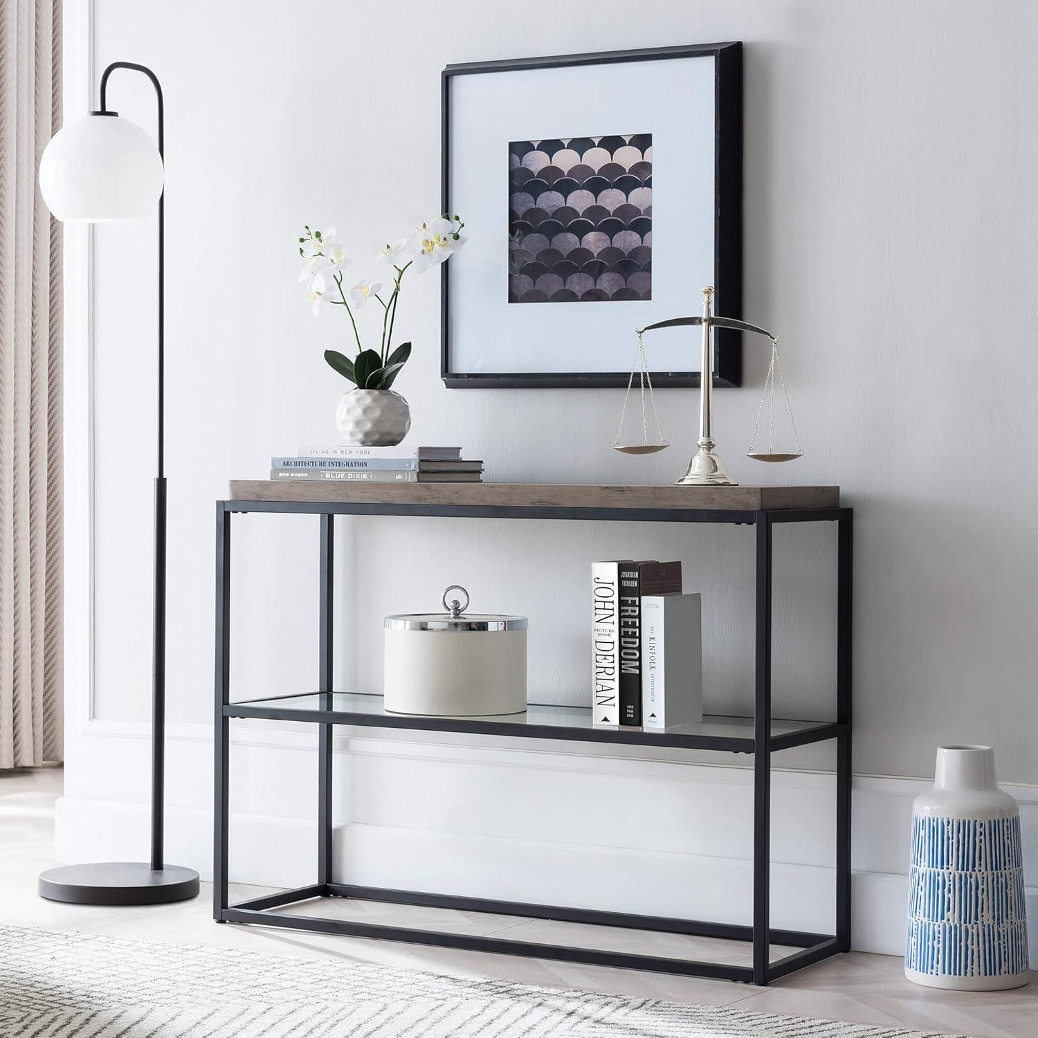 42" Black and Bronze Metal Console Table with Gray Oak Wood Shelf - Henn&Hart
