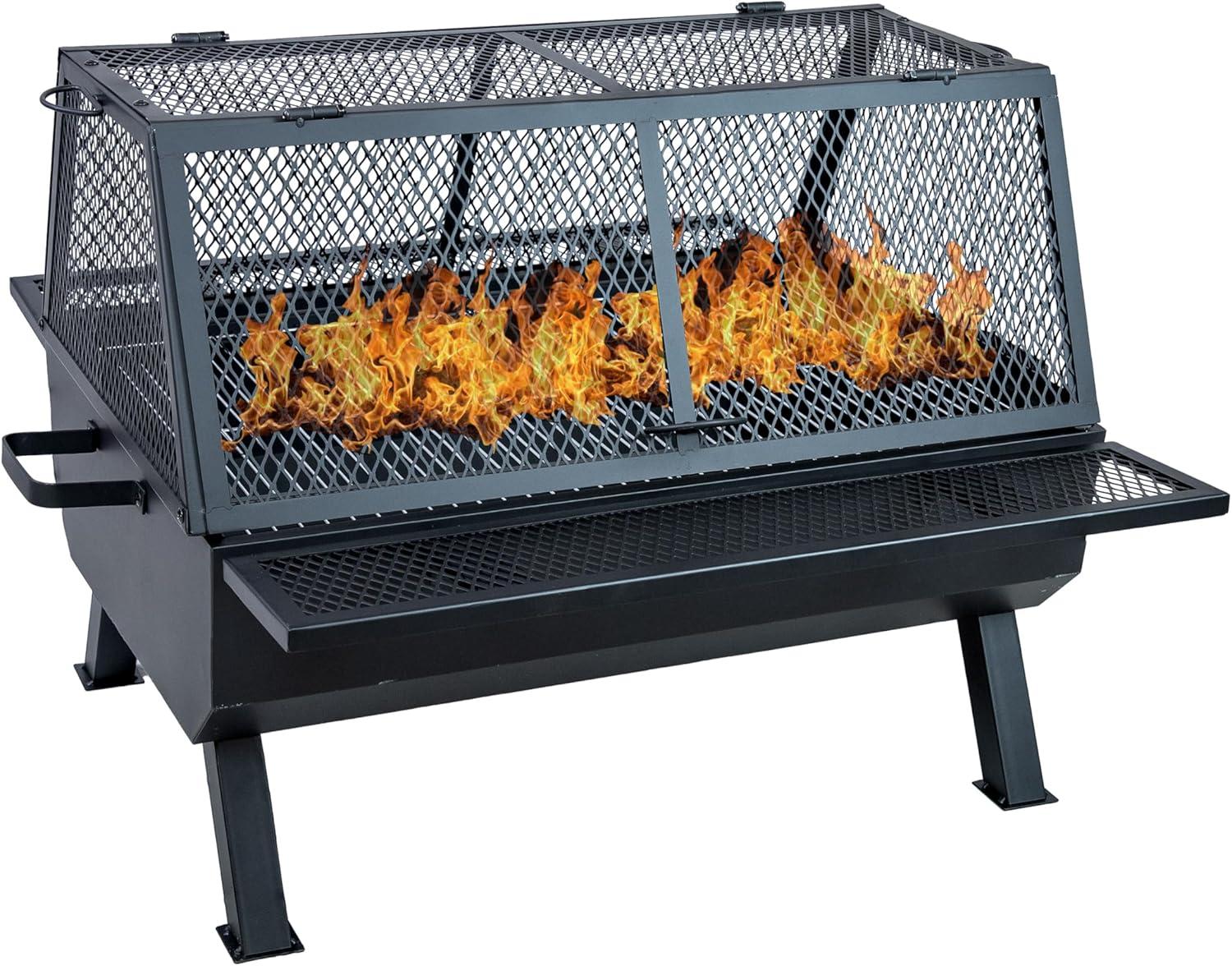 36.5" x 32.5" Rectangle Wood-Burning Steel Outdoor Fire Pit with Grill and Spark Screen