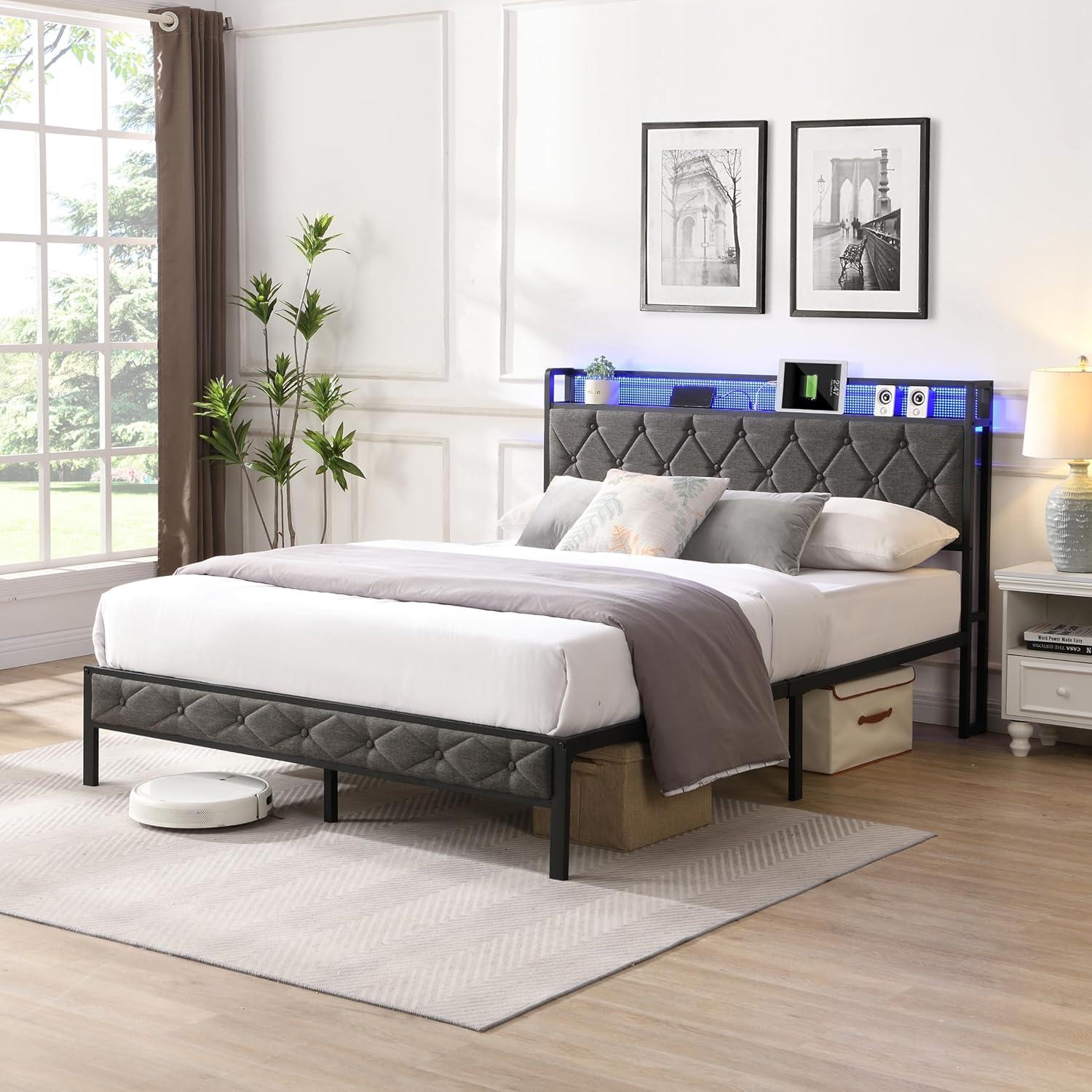 Bed With Storage Headboard, Charging Station And LED Lights, Upholstered Platform Bed Frame With Metal Slats, No Box Spring Needed, Gray