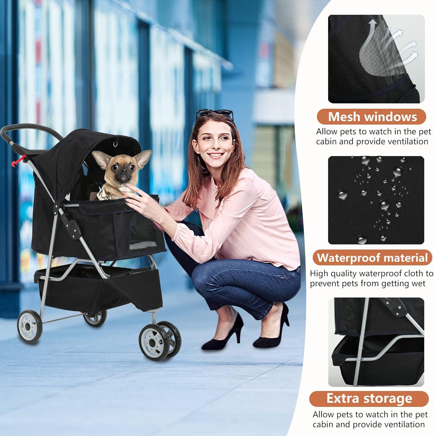 Dog Stroller, 3 Wheels Pet Cat Jogger Stroller, Folding Carrier Waterproof Puppy Stroller with Cup Holder & Removable Liner, Dog Strollers for Small Dogs, for Small and Medium Pets