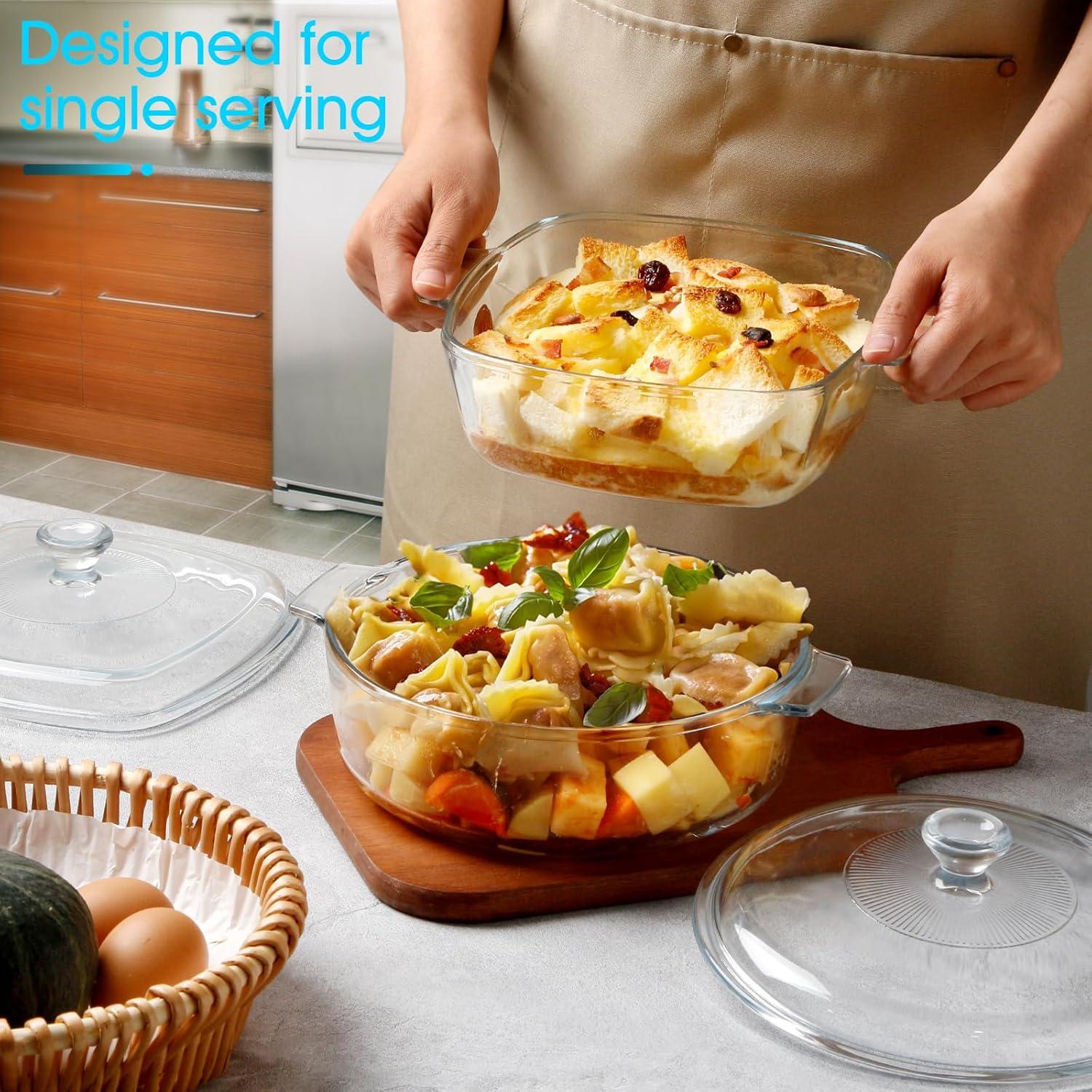 NUTRIUPS 0.8L Glass Casserole Dish with Lid Oven Safe Square Casserole Dish 5.9in Glass Microwave Bowl With Lid Microwavable Cookware (25oz-Mini)