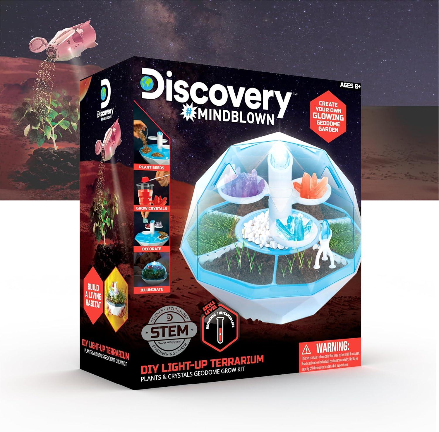 Discovery™ #Mindblown DIY Light-Up LED Terrarium - Plants & Crystals Geodome Grow Kit, 3 Colorful Crystal Formations, Rye Grass, Education STEM Activity Set, Indoor Science Experiment, Chemistry Gift